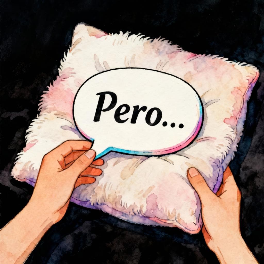 A close-up of two hands exchanging a stylized speech bubble. The speech bubble, containing the word 'Pero...' (But...), is resting on a soft, fluffy pillow, visually representing the concept of 'cushioning your words' to be polite. Charming ink and watercolor painting, clean lines, vibrant but soft color palette, storybook style, dark background.