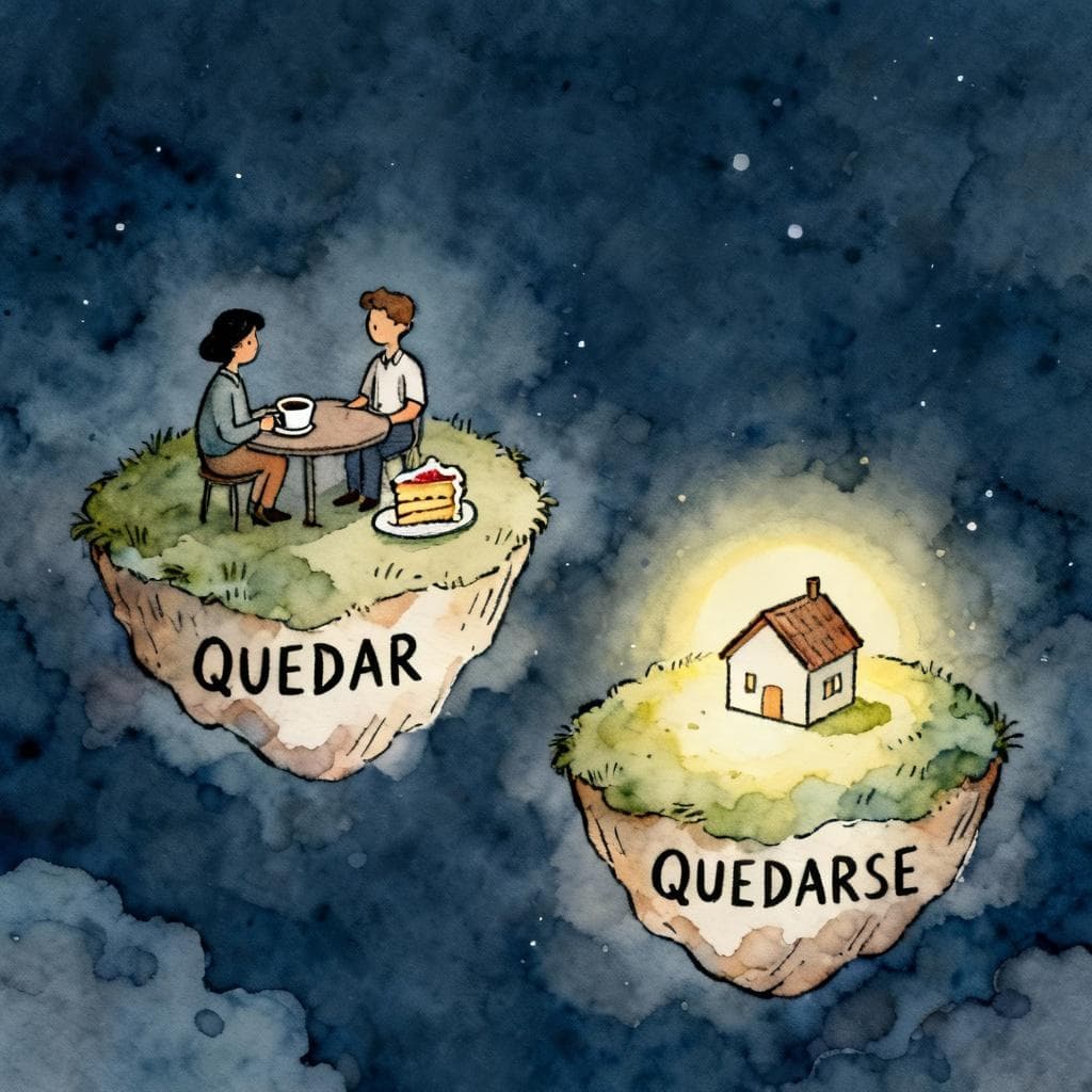 A charming ink and watercolor painting showing two identical Spanish verbs, 'QUEDAR' and 'QUEDARSE', as small floating islands. The 'SE' island is glowing slightly and has a small house on it, symbolizing 'staying.' The 'QUEDAR' island has two figures meeting for coffee and a half-eaten cake, symbolizing 'meeting' and 'remaining.' The background is a soft, dark indigo. Storybook style.