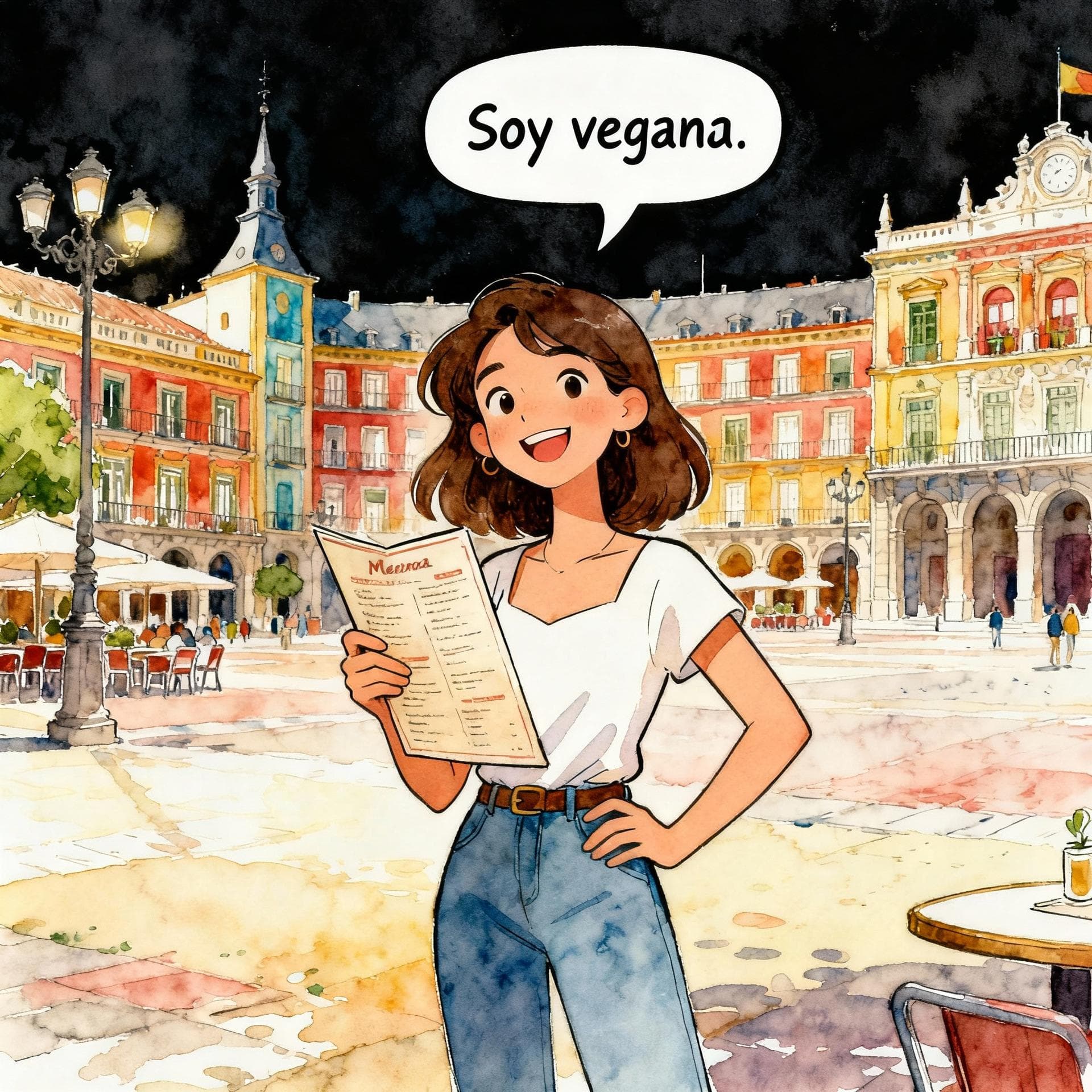A smiling woman standing confidently in a bright, colorful Spanish plaza, holding a menu. The text 'Soy vegana' is clearly visible in a speech bubble above her head. Charming ink and watercolor painting, clean lines, vibrant but soft color palette, storybook style, dark background.