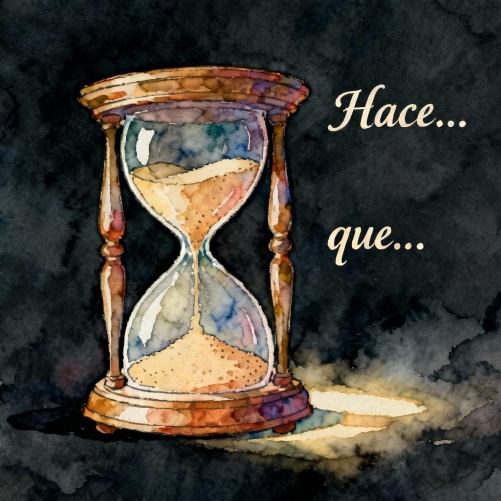 A stylized antique hourglass with sand flowing, symbolizing the passage of time. Next to it, the phrase "Hace... que..." is delicately written in script. Charming ink and watercolor painting, clean lines, vibrant but soft color palette, storybook style. dark background.