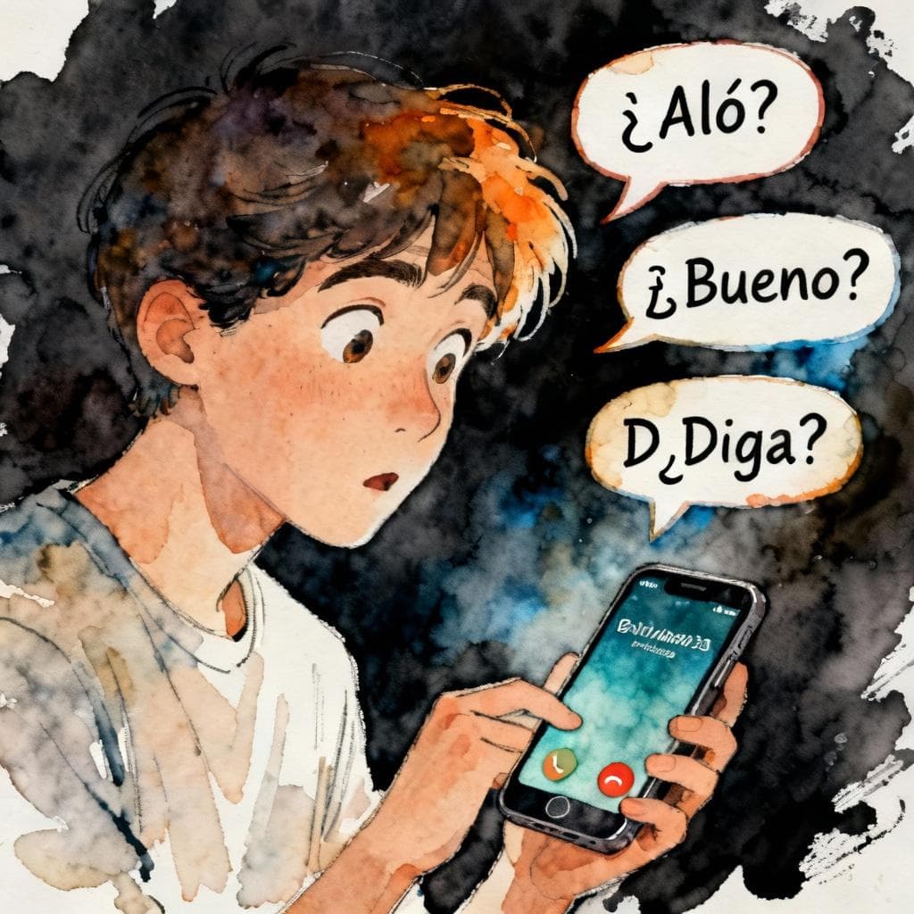 A person looking at their smartphone with a curious expression. The phone screen shows an incoming call from a Spanish number. Stylized speech bubbles with "¿Aló?", "¿Bueno?", and "¿Diga?" float nearby. Ink and watercolor style with a dark background.