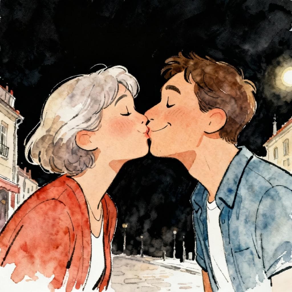 Charming ink and watercolor painting, clean lines, vibrant but soft color palette, storybook style, dark background. Two adults greet with a light cheek-to-cheek air kiss, relaxed smiles, casual clothing; minimal background hint of a European street.