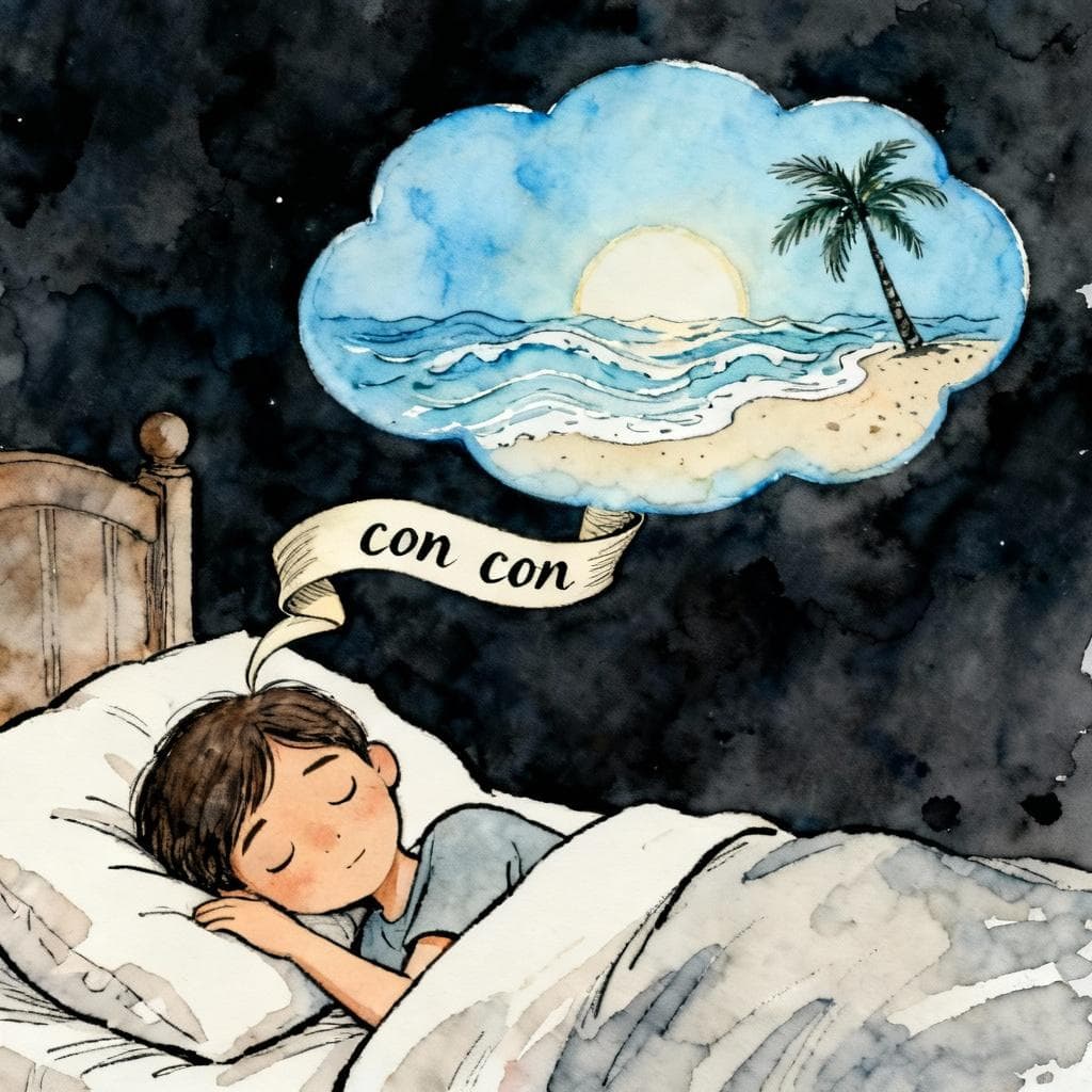 Charming ink and watercolor painting, storybook style, dark background. A person sleeping peacefully in bed, with a light blue dream bubble floating above their head. The dream bubble depicts a stylized, sunny beach scene. A flowing ribbon labeled 'con' connects the dreamer's head to the dream bubble, symbolizing 'soñar con'.