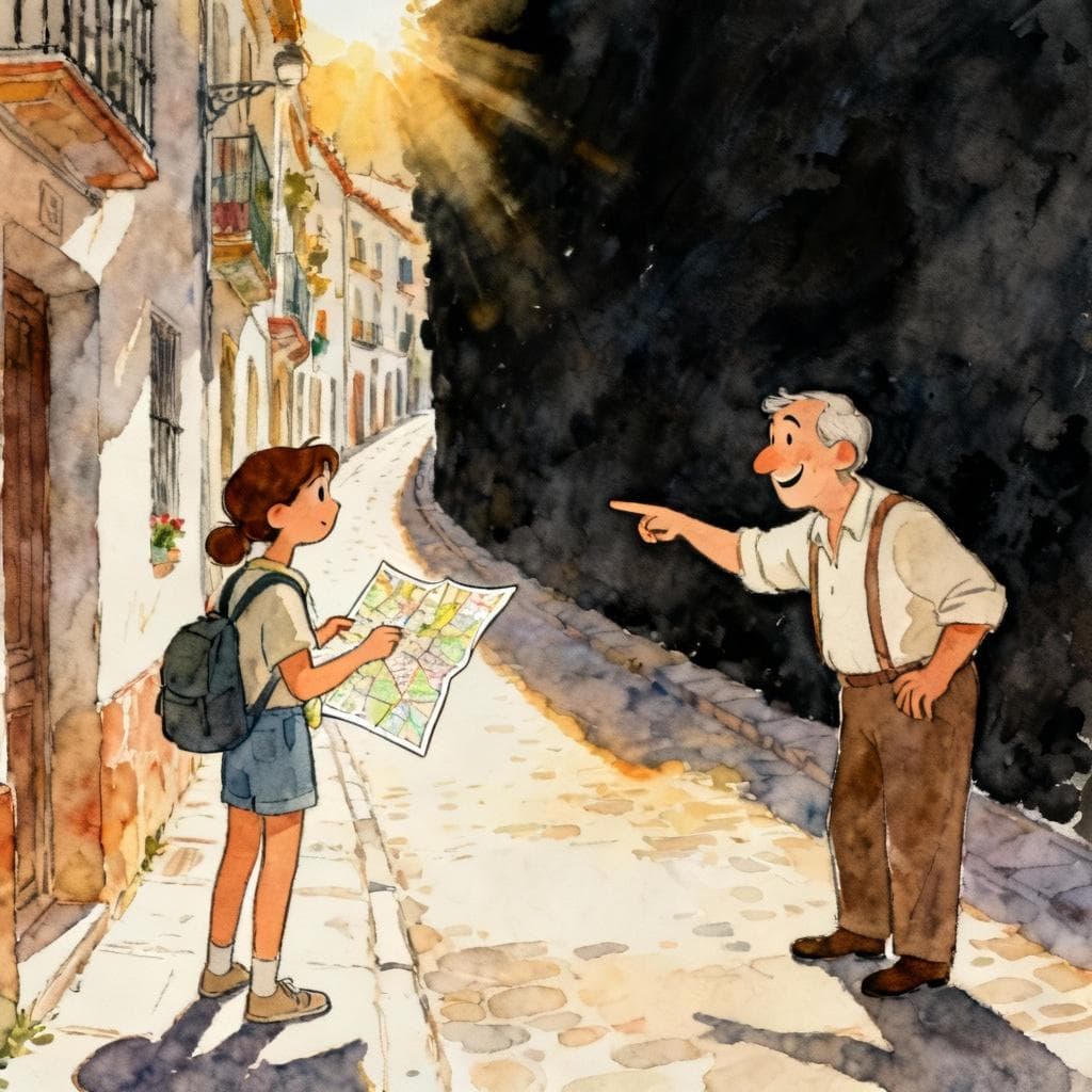 A tourist asking a friendly local for directions. The tourist is holding a map, and the local is smiling and pointing down the street. The scene is on a sunny street in Spain. Charming ink and watercolor painting, storybook style, soft colors, dark background.