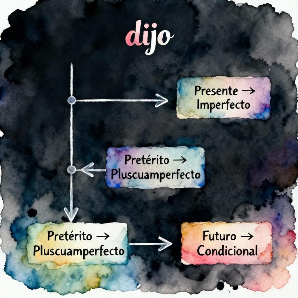 Minimal timeline on a dark background labeled “dijo” (past) with three clear arrows showing backshift pairs: “Presente → Imperfecto”, “Pretérito → Pluscuamperfecto”, “Futuro → Condicional”; charming ink and watercolor, clean lines, vibrant but soft palette, storybook style