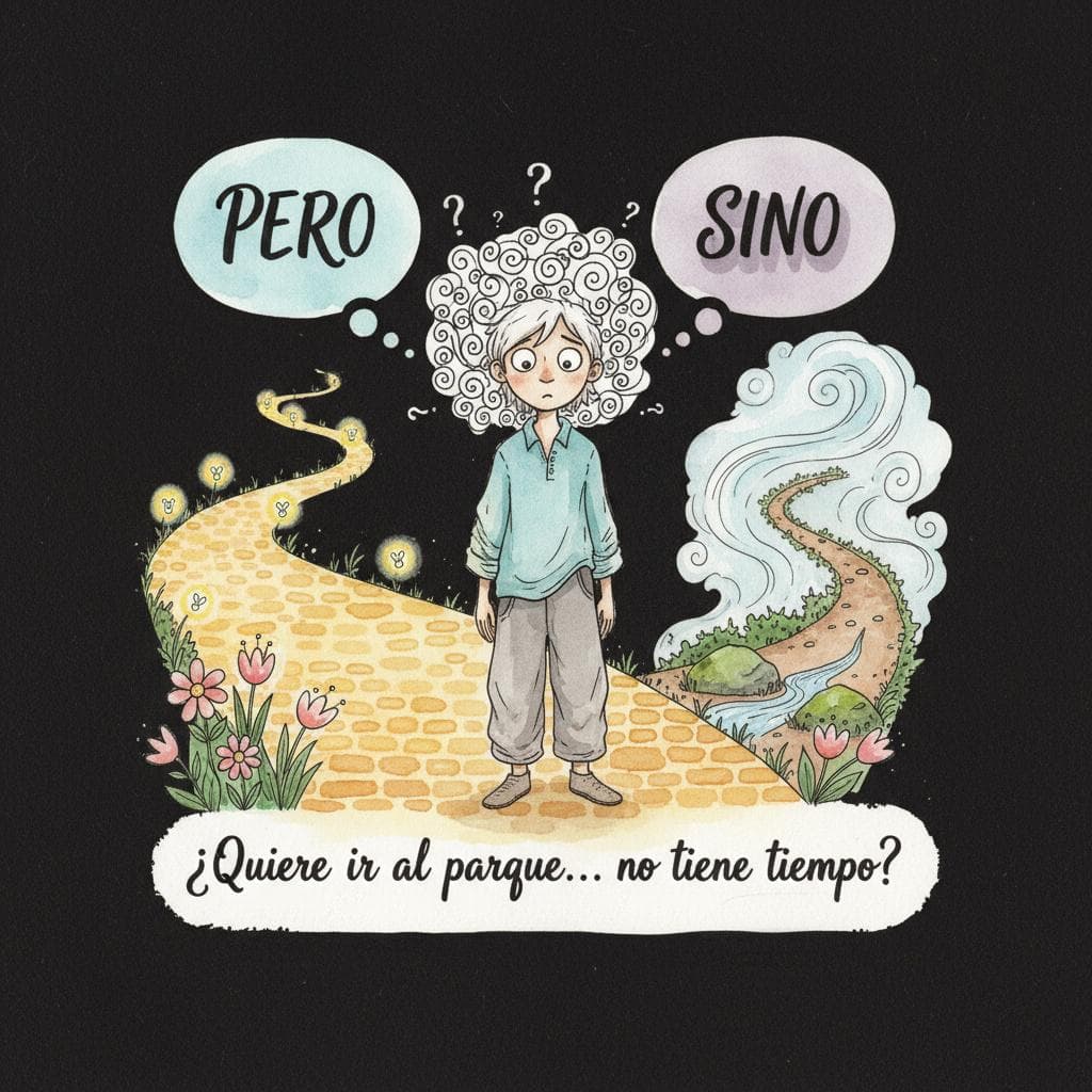 Two thought bubbles, one with "Pero" and another with "Sino," floating above a bewildered person's head. The person is looking at a Spanish sentence that seems to require a "but," with question marks around their head. One path leads to a smooth, easy road (pero) and the other to a slightly trickier path (sino). black background.