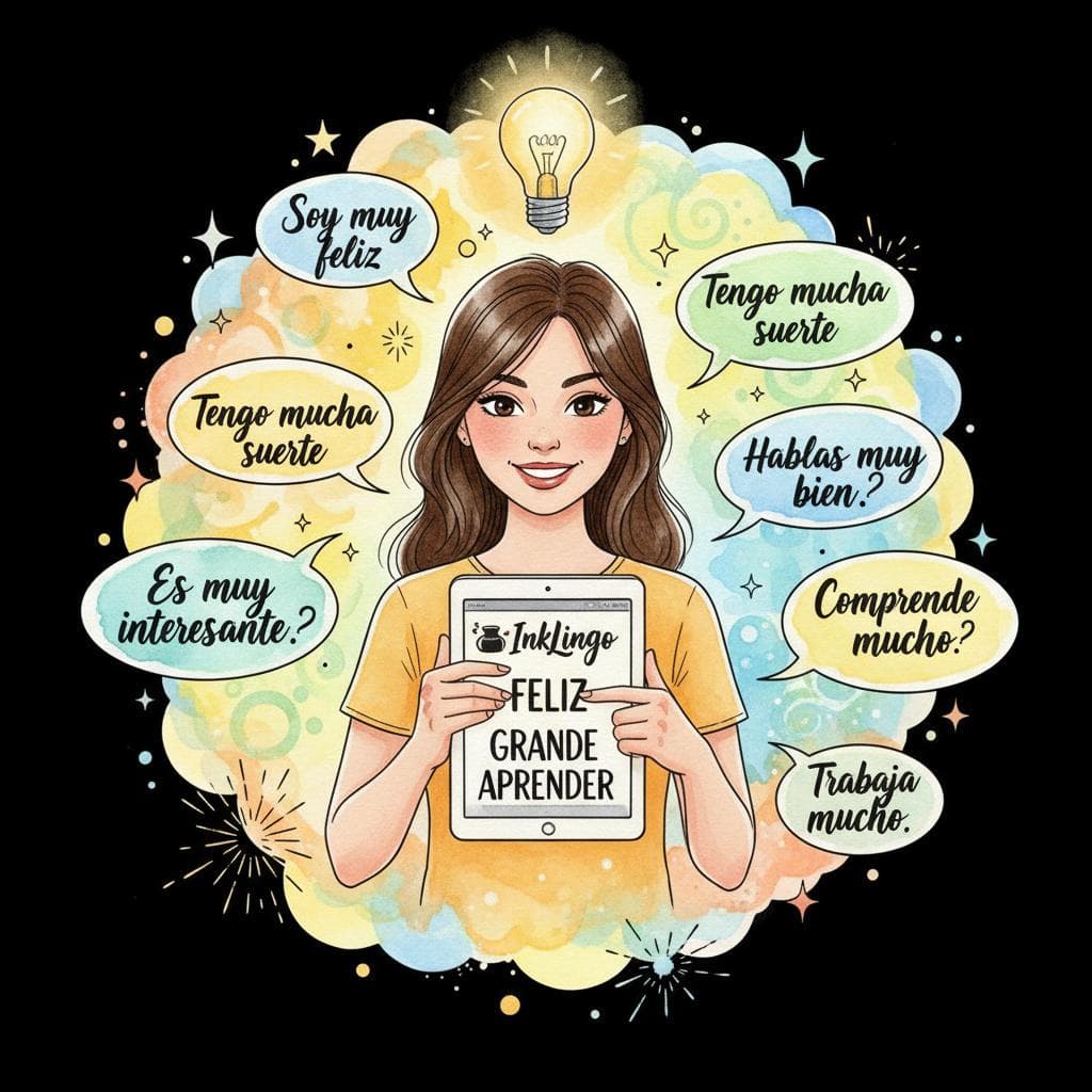 A confident learner, with a lightbulb glowing above their head, smiling while holding a tablet displaying InkLingo app interface with Spanish words. They are surrounded by speech bubbles with correct Spanish phrases using 'muy' and 'mucho'. The background is bright and encouraging, suggesting clarity and success.  black background.