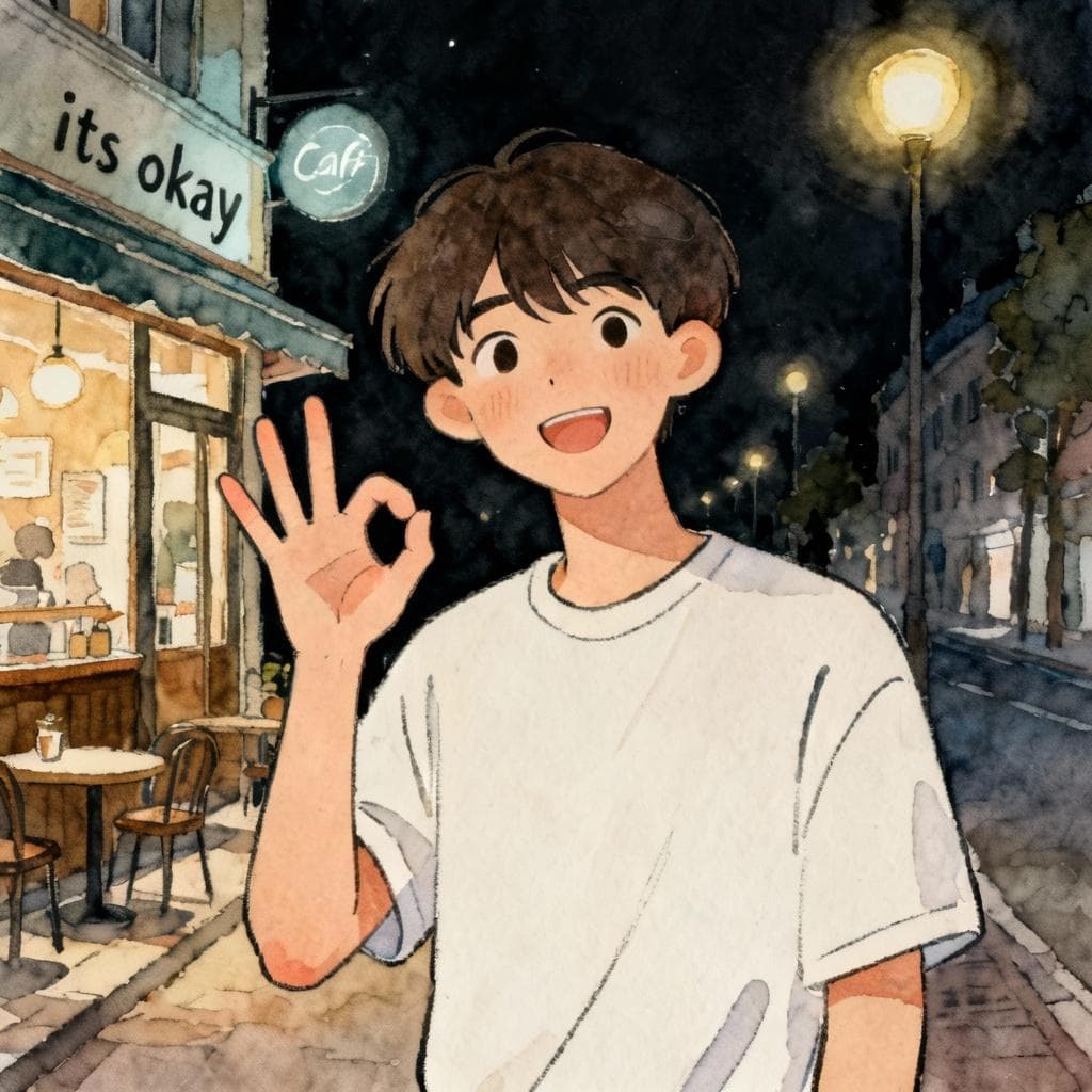 Charming ink and watercolor painting, clean lines, vibrant but soft color palette, storybook style, dark background. A single friendly young adult in a cozy night-time street near a café, giving a relaxed “it’s okay” hand gesture; simple background shapes and soft glow from streetlights; minimal details.