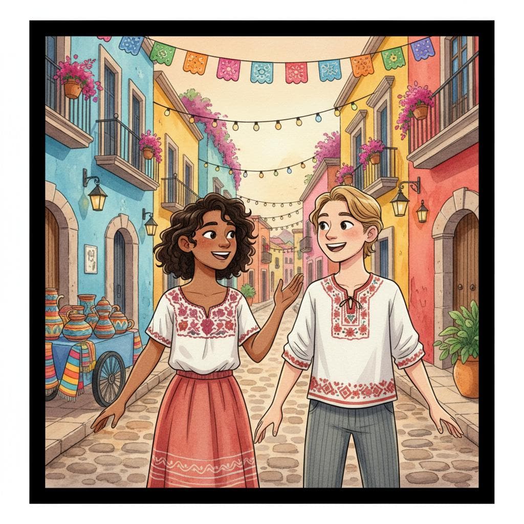 Two young, diverse friends smiling and casually greeting each other on a vibrant, colorful Mexican street. One friend is waving slightly, and both have open, friendly expressions. The background features traditional Mexican architecture and a warm, inviting atmosphere.  black background.