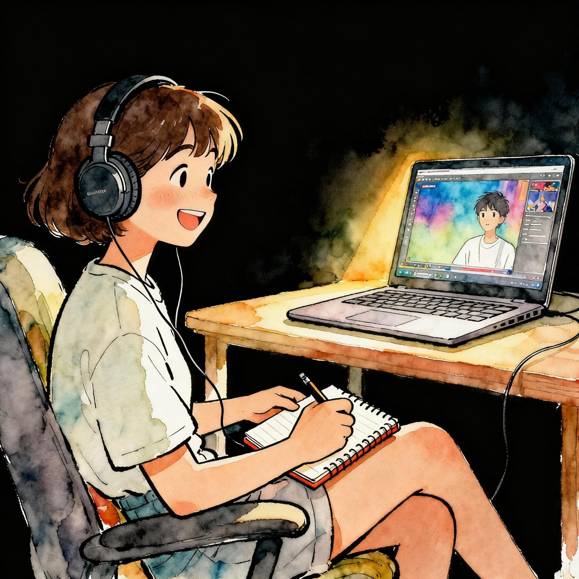 Charming ink and watercolor painting, clean lines, vibrant but soft color palette, storybook style, dark background. A person sitting comfortably in a brightly lit room, wearing headphones and smiling while watching a stream on a laptop. The person is holding a small notebook and pen, indicating active learning.