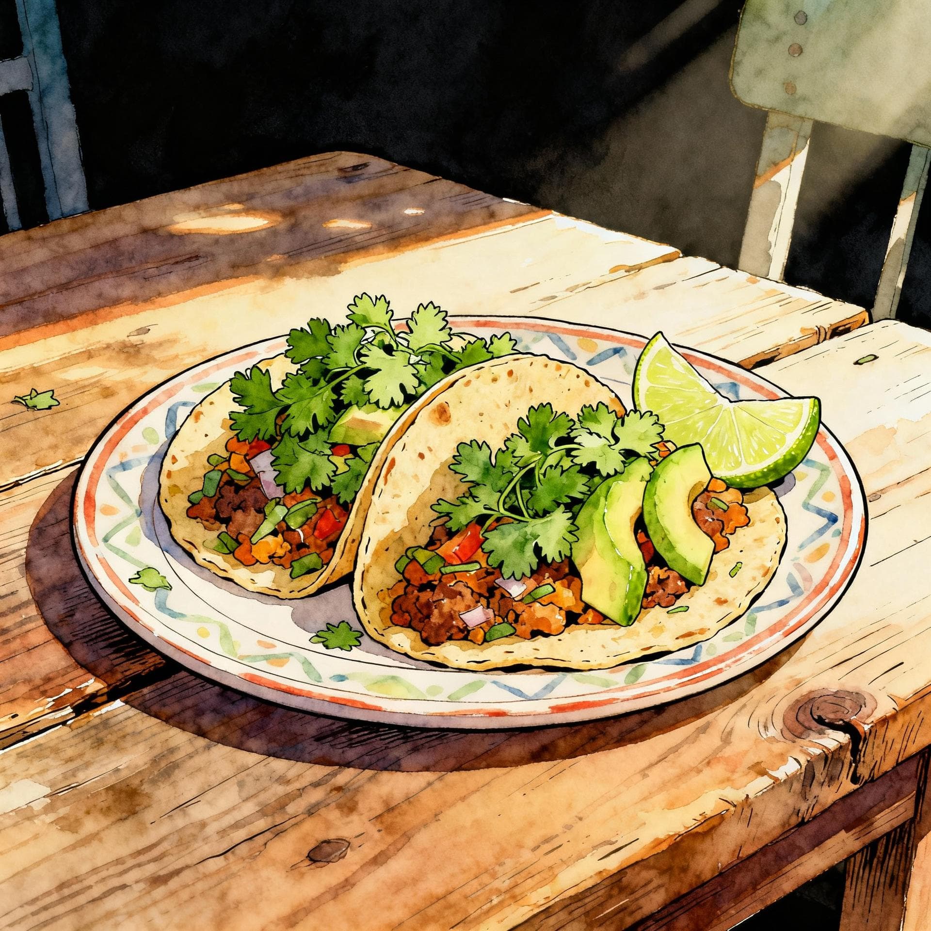 A colorful, delicious-looking plate of vegan tacos topped with fresh cilantro, avocado, and lime wedges, sitting on a rustic wooden table in a sunny setting. Charming ink and watercolor painting, clean lines, vibrant but soft color palette, storybook style, dark background.