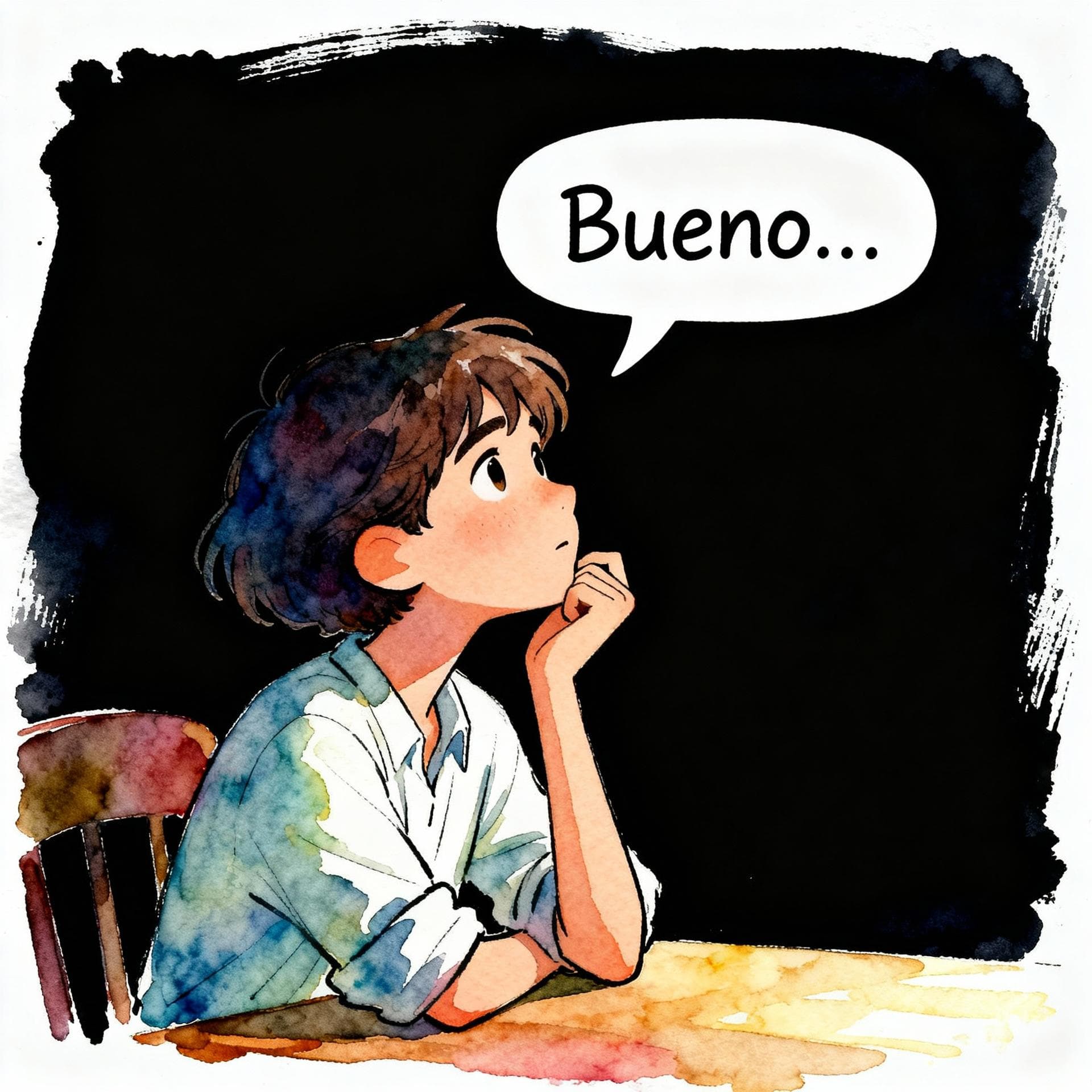 Charming ink and watercolor painting, clean lines, vibrant but soft color palette, storybook style, dark background. A person sitting at a table, looking thoughtful, with a speech bubble above their head containing the word 'Bueno...' followed by an ellipsis.