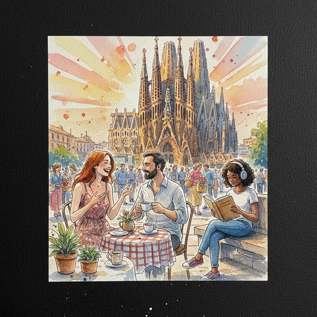 A charming ink and watercolor painting depicting a vibrant scene of connection and familiarity. In the foreground, two people are smiling and engaged in friendly conversation, perhaps at a cafe or a bustling street market. In the background, a recognizable landmark (like the Sagrada Familia or a generic Spanish plaza) stands under a warm, inviting sky. Nearby, another person is holding a novel, deeply immersed, or listening intently to music with headphones, conveying familiarity with cultural items. The overall atmosphere is warm and inviting, emphasizing personal connection and experienced knowledge. black background.