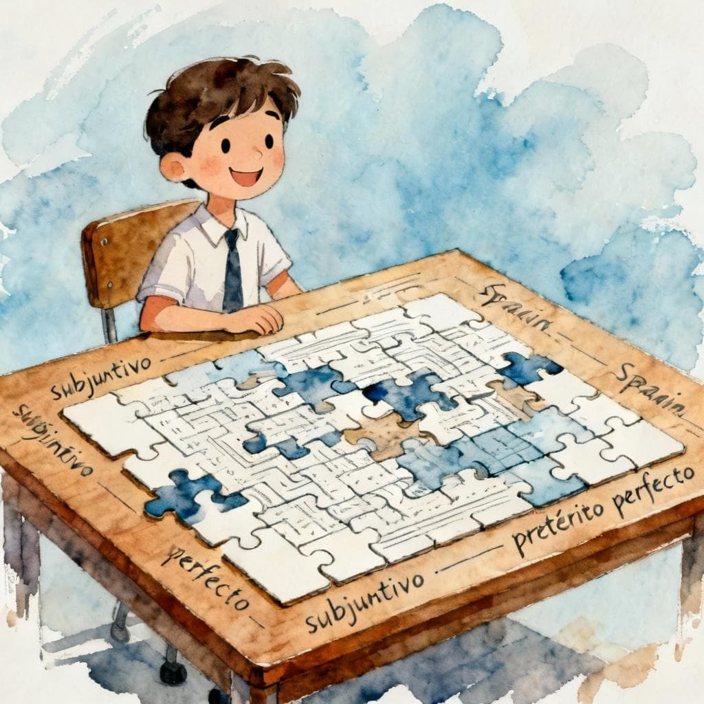 A charming ink and watercolor painting of a successful, organized student happily looking at a fully completed, complex jigsaw puzzle, symbolizing the successful mastery of complex Spanish grammar.