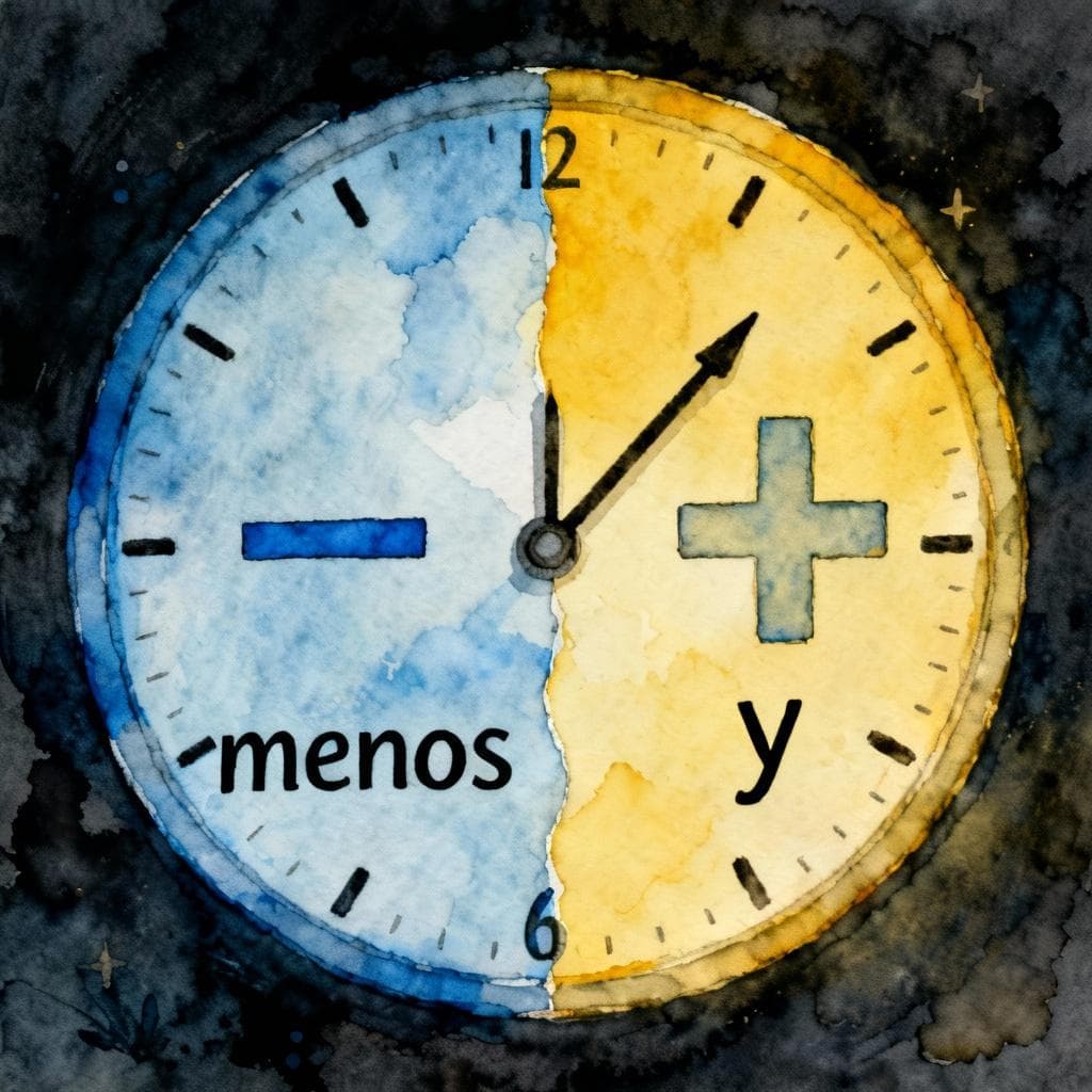 A clock face visually split in half. The right side is a warm yellow color with a large '+' sign and the word 'y'. The left side is a cool blue color with a large '–' sign and the word 'menos'. Charming ink and watercolor painting, storybook style. dark background.
