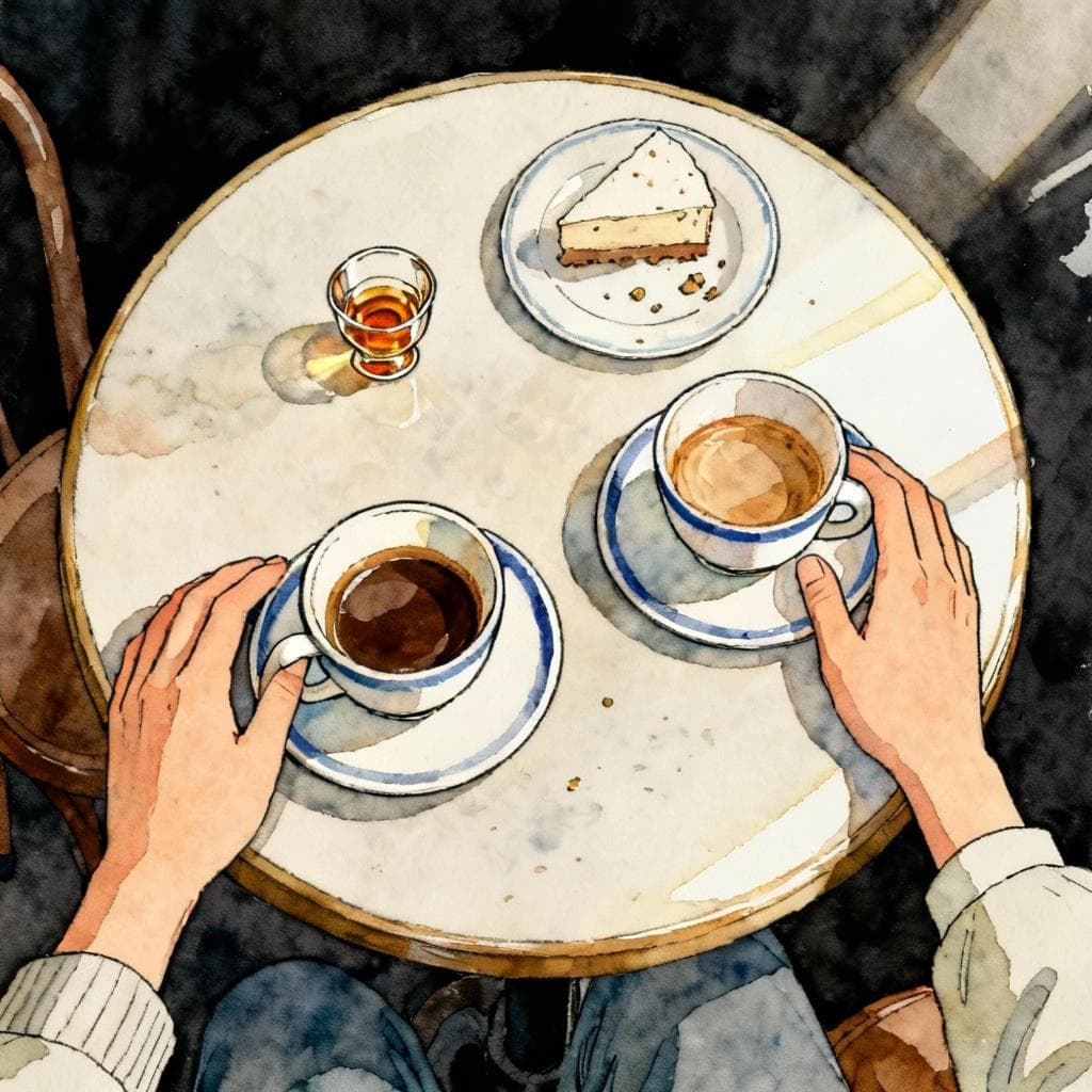 Overhead view of a small round café table after a meal: two espresso cups on saucers, a small dessert plate with a few crumbs, one tiny digestif glass, two relaxed hands resting near the cups; charming ink and watercolor, clean lines, vibrant but soft colors, storybook style, dark background