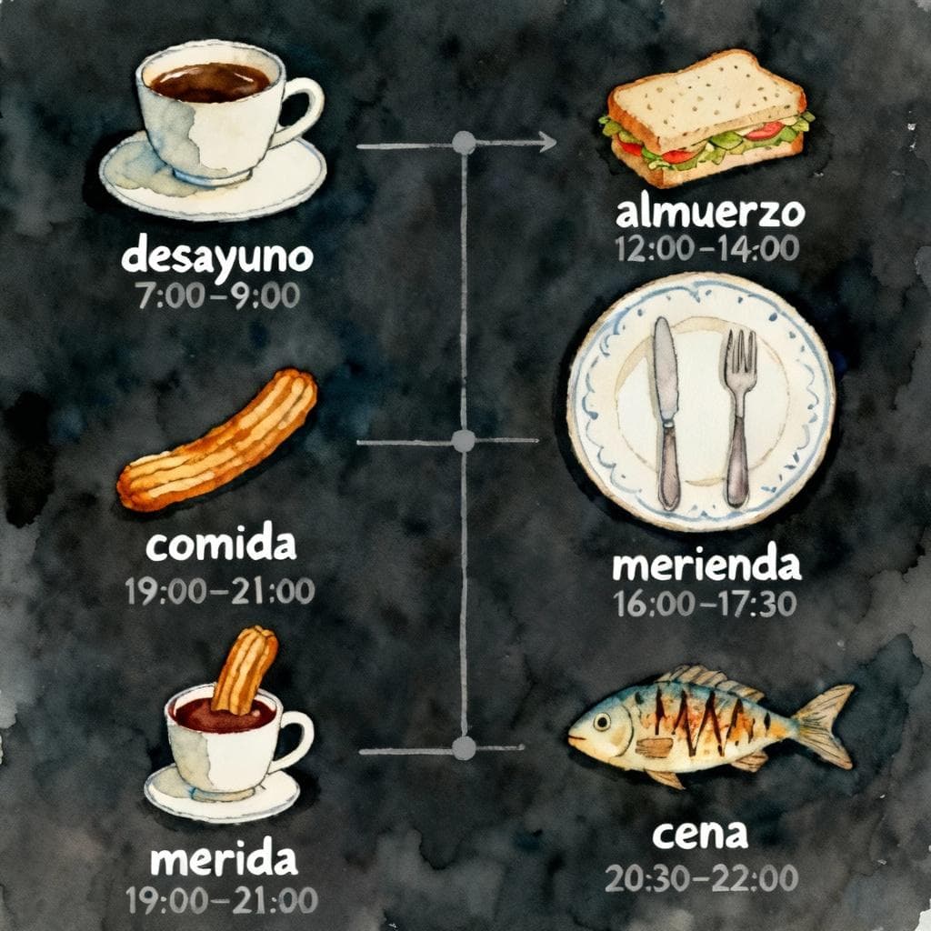 Charming ink and watercolor painting, clean lines, soft vibrant palette, storybook style, dark background. Simple vertical timeline showing five icons: coffee cup (desayuno), small sandwich (almuerzo), full plate with cutlery (comida), churro with cup of chocolate (merienda), grilled fish (cena). Spanish labels and approximate times beside each; minimal design.