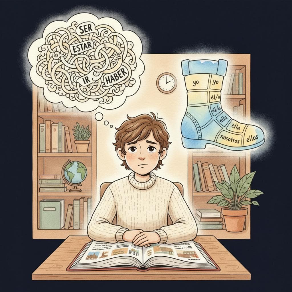 A friendly student with a slightly puzzled expression looks at a Spanish textbook. Above their head, a thought bubble contains a tangled knot of Spanish words. Next to them, a clear, stylized 'boot' shape, similar to a conjugation chart outline, subtly begins to form in the air, representing a glimmer of understanding. The background is a soft, warm learning environment. black background.