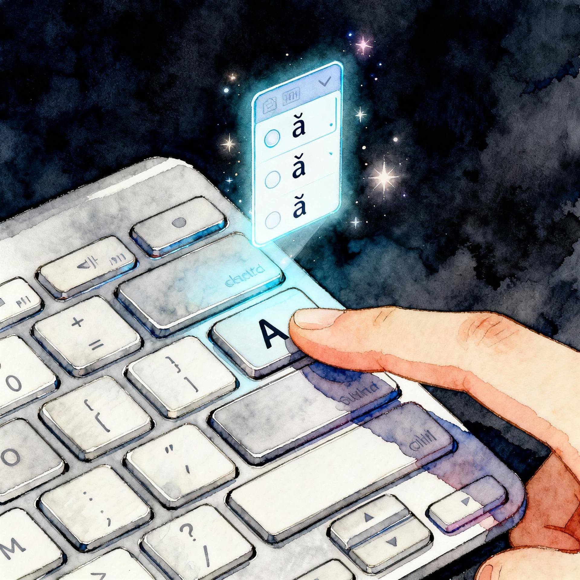 Charming ink and watercolor painting, clean lines, vibrant but soft color palette, storybook style, dark background. A close-up view of a modern, silver computer keyboard. A finger is pressing down on the 'A' key, and a small, glowing digital menu hovers directly above the key showing the options 'á', 'à', 'ä', 'â', 'ã'.