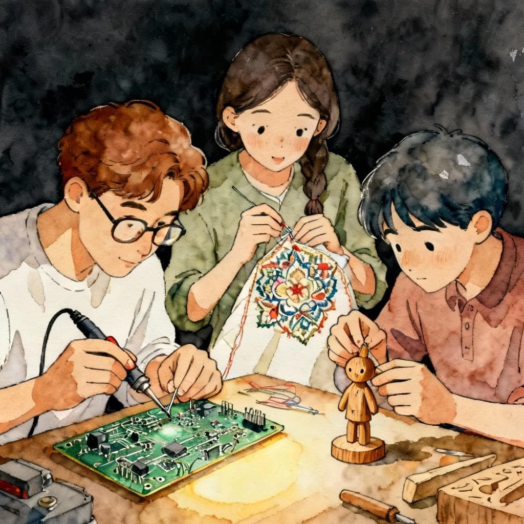 Charming ink and watercolor painting, clean lines, vibrant but soft color palette, storybook style, dark background. A diverse group of three people are engaged in different skilled manual tasks: one person is soldering a circuit board, another is sewing intricate embroidery, and the third is carving a small wooden figure. All three subjects look focused and skilled.