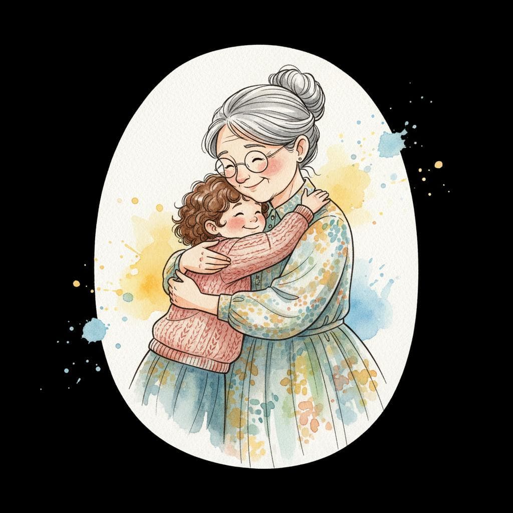 A heartwarming ink and watercolor painting of a kind-faced grandmother with glasses ('abuelita') hugging her small grandchild. They are both smiling warmly. The art style is clean and storybook-like, set against a solid black background.