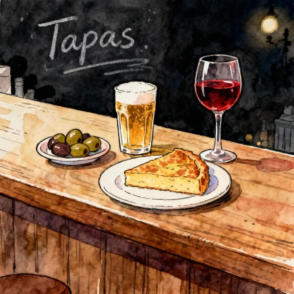 Close-up of a Spanish tapas bar counter at night: a wooden bar with a small plate of olives and a slice of tortilla, a caña (small beer) and a glass of red wine, faint chalkboard reading “Tapas” behind; simple, cozy scene. Charming ink and watercolor painting, clean lines, vibrant but soft color palette, storybook style. dark background.