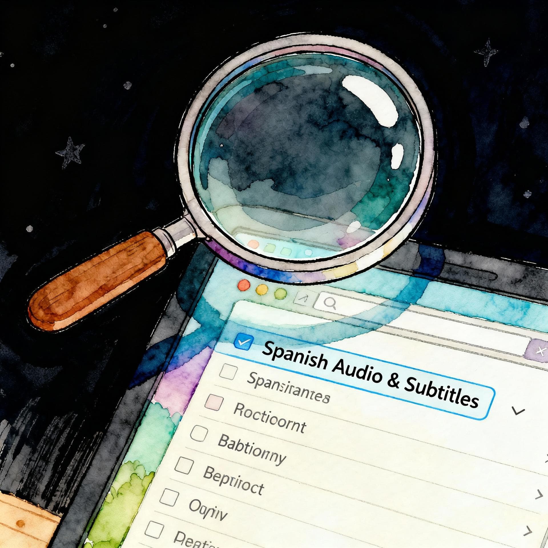 Charming ink and watercolor painting, clean lines, vibrant but soft color palette, storybook style, dark background. A stylized illustration of a magnifying glass hovering over a list of options on a screen. The list includes a highlighted option labeled 'Spanish Audio & Subtitles'.