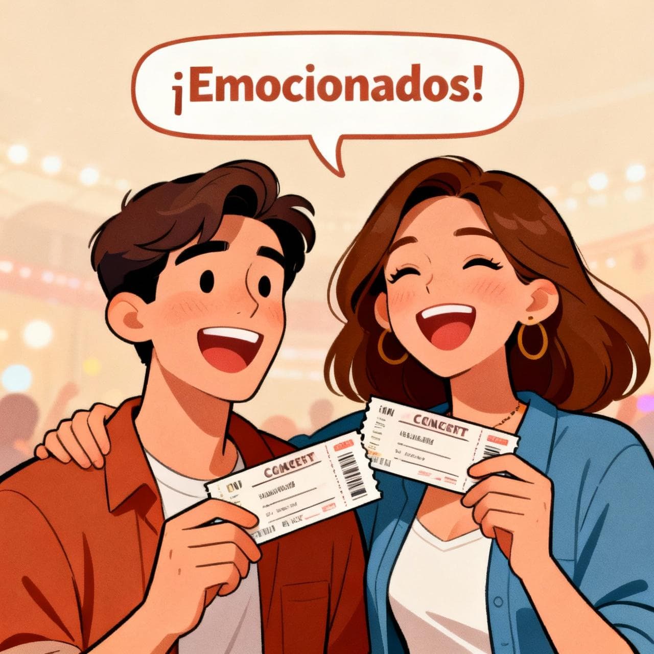 A high quality digital illustration showing two happy friends, one man and one woman, with joyful expressions. They are holding concert tickets and a speech bubble above them contains the Spanish word "¡Emocionados!". Clean lines, vibrant and soft color palette.