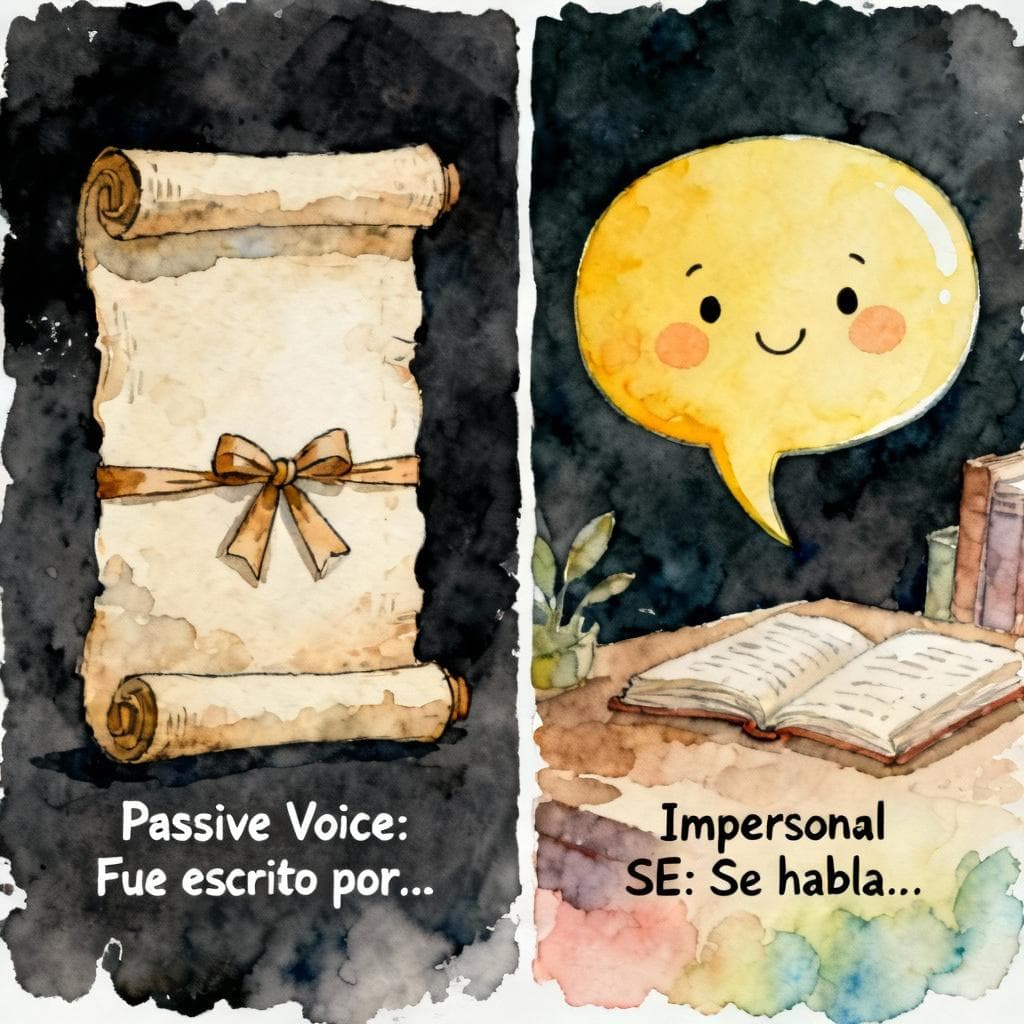 A split image illustrating linguistic contrast. On the left, a formal, historical scroll labeled 'Passive Voice: Fue escrito por...' is tied with a stiff ribbon. On the right, a bright, friendly speech bubble emerging from a casual setting, labeled 'Impersonal SE: Se habla...', representing natural conversation. Charming ink and watercolor painting, clean lines, vibrant but soft color palette, storybook style, dark background.