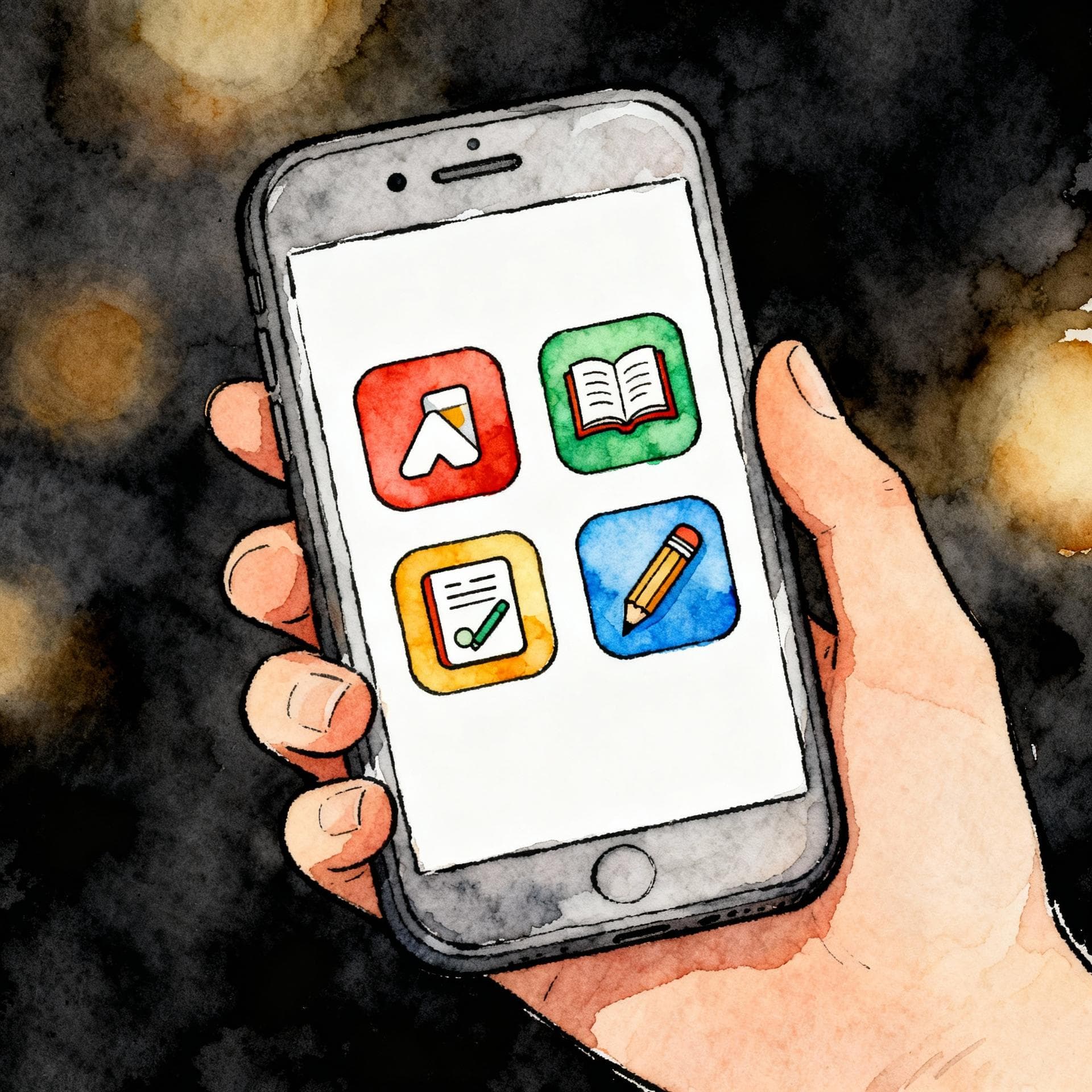 Charming ink and watercolor painting, clean lines, vibrant but soft color palette, storybook style, dark background. A hand holding a smartphone displaying four distinct, colorful app icons arranged in a grid, symbolizing the different learning apps mentioned in the article.