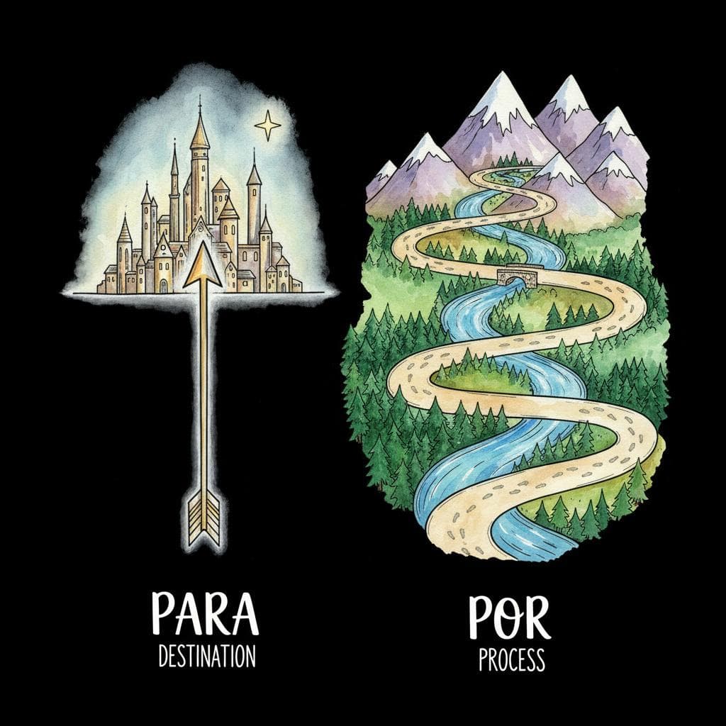 On the left, a clear, straight arrow pointing to a shining distant city skyline (representing 'para' and destination). On the right, a winding, scenic road through a diverse landscape (forest, river, mountains), with subtle footprints, indicating a journey (representing 'por' and process). The two scenes are clearly distinct but harmoniously composed on one canvas. black background.