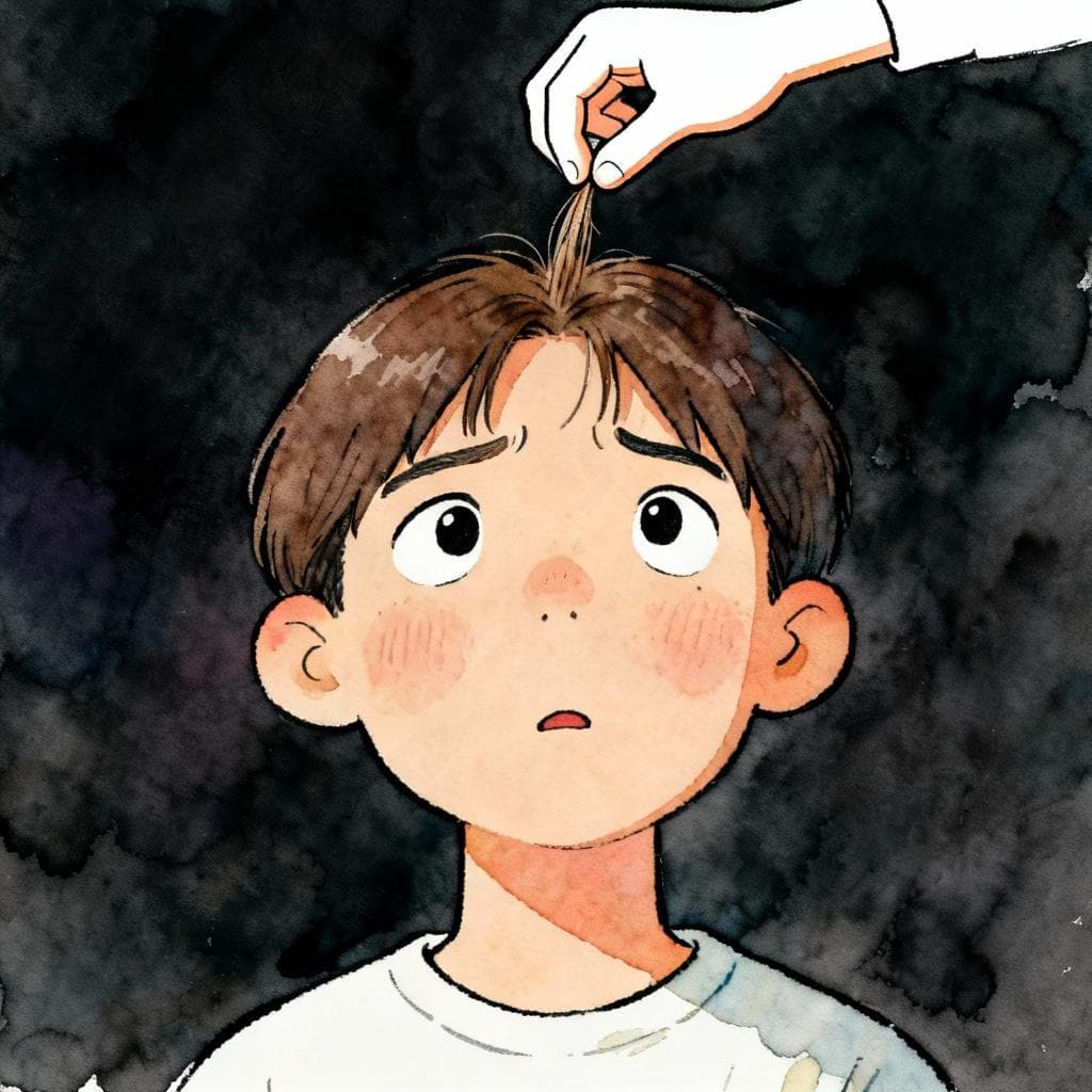 Charming ink and watercolor painting, clean lines, vibrant but soft color palette, storybook style, dark background. A confused person looking at their head where a small, cartoonish hand is literally taking a single strand of hair, illustrating the literal translation of 'tomar el pelo'.