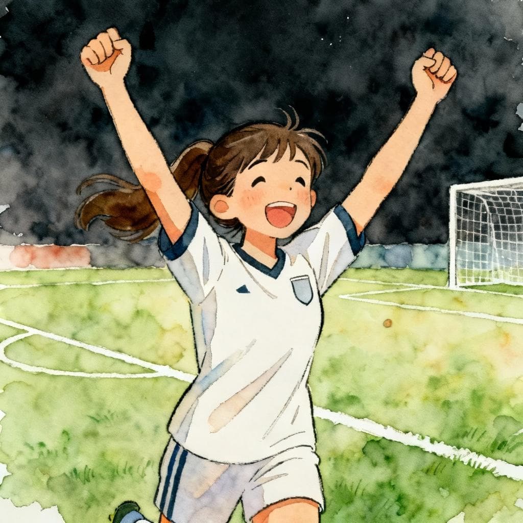 Women’s fútbol player celebrating a goal with arms raised, simple pitch lines, joyful expression — charming ink and watercolor painting, clean lines, vibrant but soft color palette, storybook style, dark background