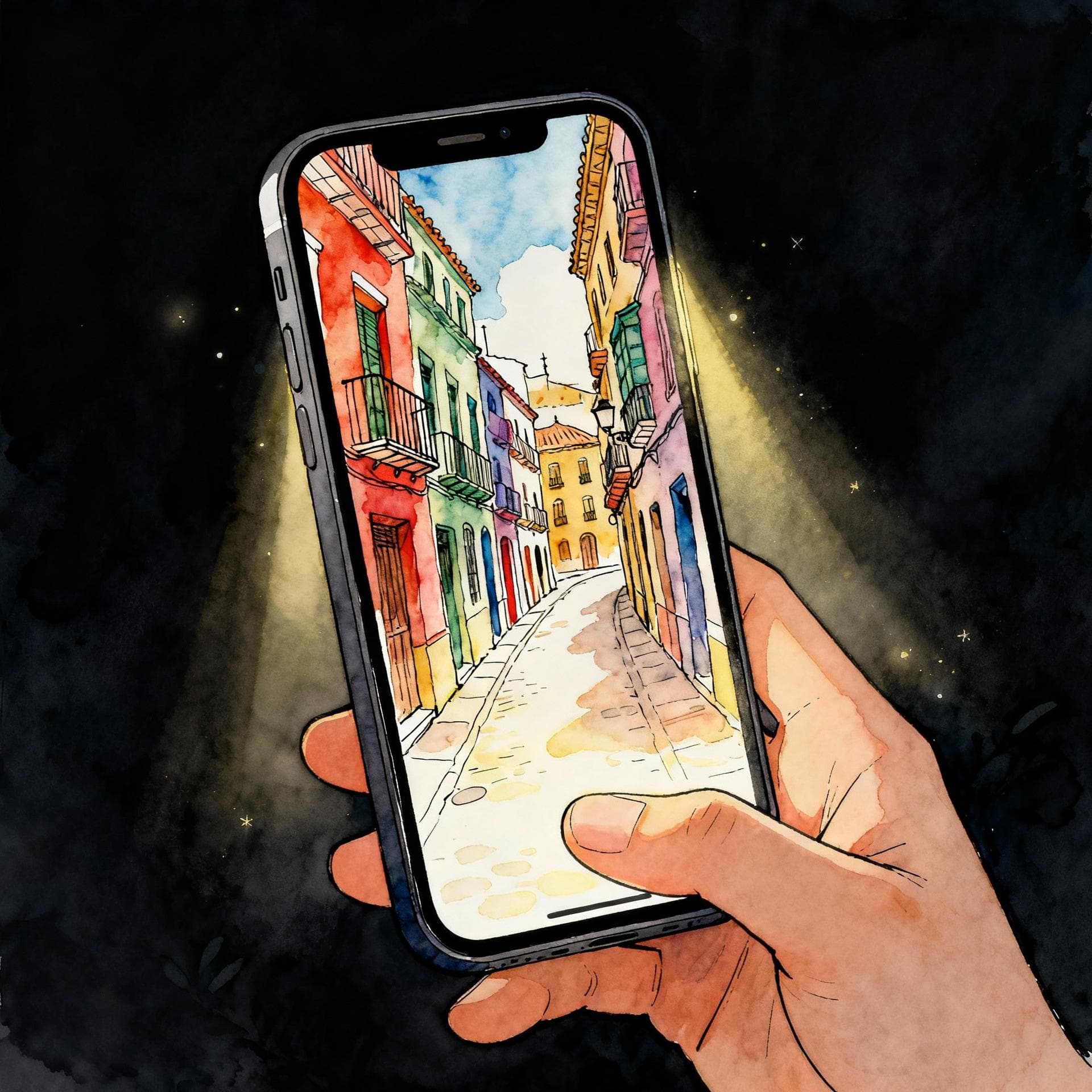 A close-up of a person's hand holding a modern smartphone. The screen displays a vibrant, colorful street scene from a Spanish-speaking city. The light and colors from the screen are subtly illuminating the surrounding area, symbolizing immersion. Charming ink and watercolor painting, clean lines, vibrant but soft color palette, storybook style, dark background.