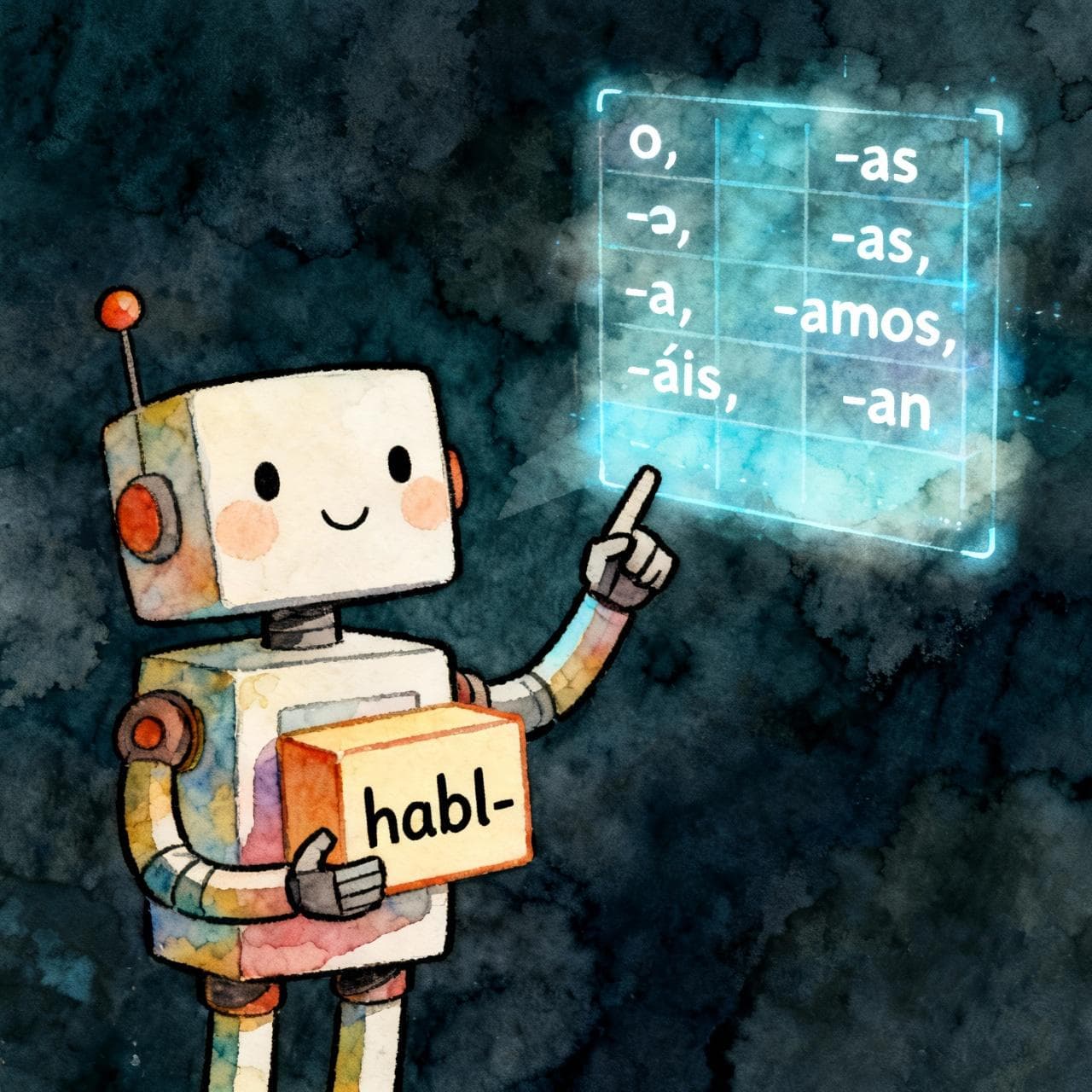 A simple, friendly robot character holding a block with the Spanish verb stem "habl-" in one hand. With its other hand, it points to a floating, holographic chart showing the endings "-o, -as, -a, -amos, -áis, -an". Charming ink and watercolor painting, clean lines, vibrant but soft color palette, storybook style, dark background.
