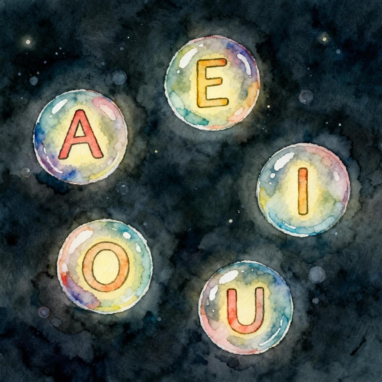 A simple, magical illustration of five floating bubbles. Inside each bubble is a glowing Spanish vowel: A, E, I, O, U. Charming ink and watercolor painting, clean lines, vibrant but soft color palette, storybook style, dark background.