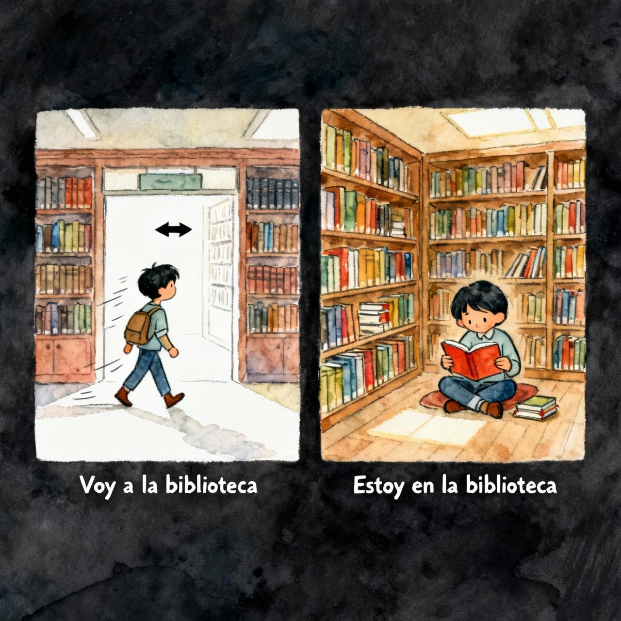 A split-screen illustration. On the left, a character is walking TOWARDS a library with a visible arrow showing motion, labeled 'Voy a la biblioteca'. On the right, the same character is peacefully sitting and reading INSIDE the library, labeled 'Estoy en la biblioteca'. Charming ink and watercolor painting, clean lines, vibrant but soft color palette, storybook style, dark background.