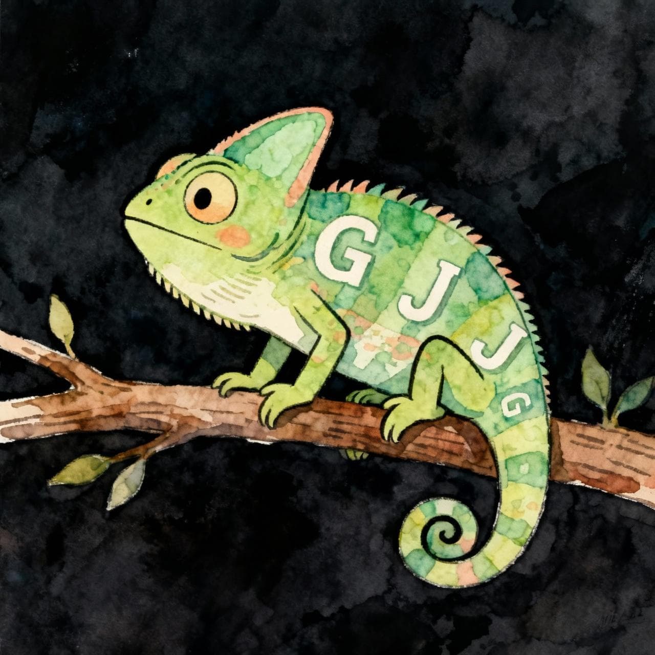 A cute, stylized chameleon character sitting on a branch. The chameleon's skin has a pattern that subtly incorporates the letters 'G' and 'J'. Charming ink and watercolor painting, clean lines, vibrant but soft color palette, storybook style. dark background.