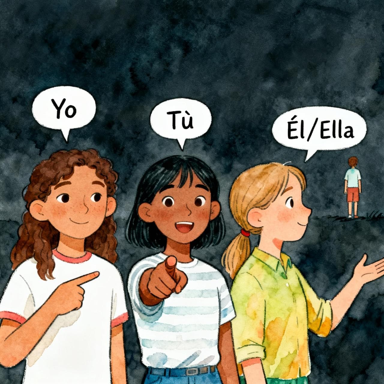 A charming ink and watercolor painting showing three friendly, diverse characters. One character points to themself with a speech bubble saying "Yo." The second character points toward the viewer with a speech bubble saying "Tú." The third character gestures to a person in the distance with a speech bubble saying "Él/Ella." Clean lines, soft vibrant colors, storybook style, on a dark background.