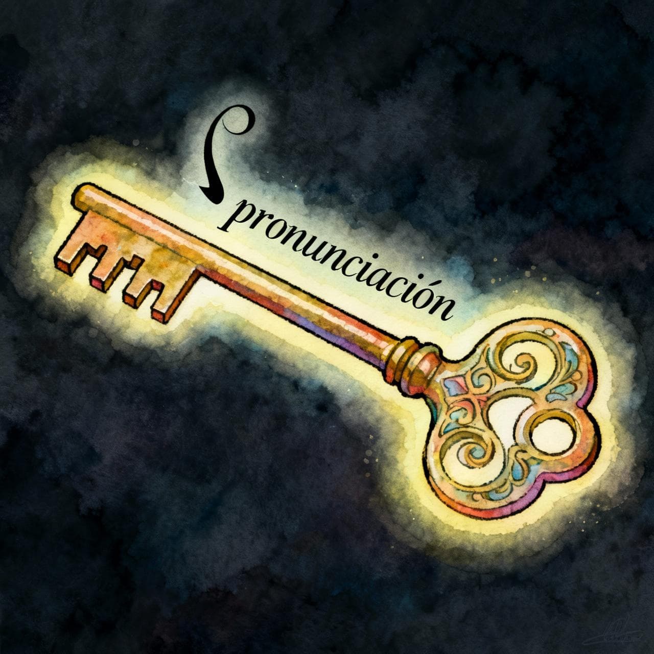 A close-up of a glowing, ornate, vintage key. The teeth of the key are shaped like a Spanish accent mark (tilde). The key is pointing towards the word 'pronunciación' written in elegant script. Charming ink and watercolor painting, clean lines, vibrant but soft color palette, storybook style, dark background.