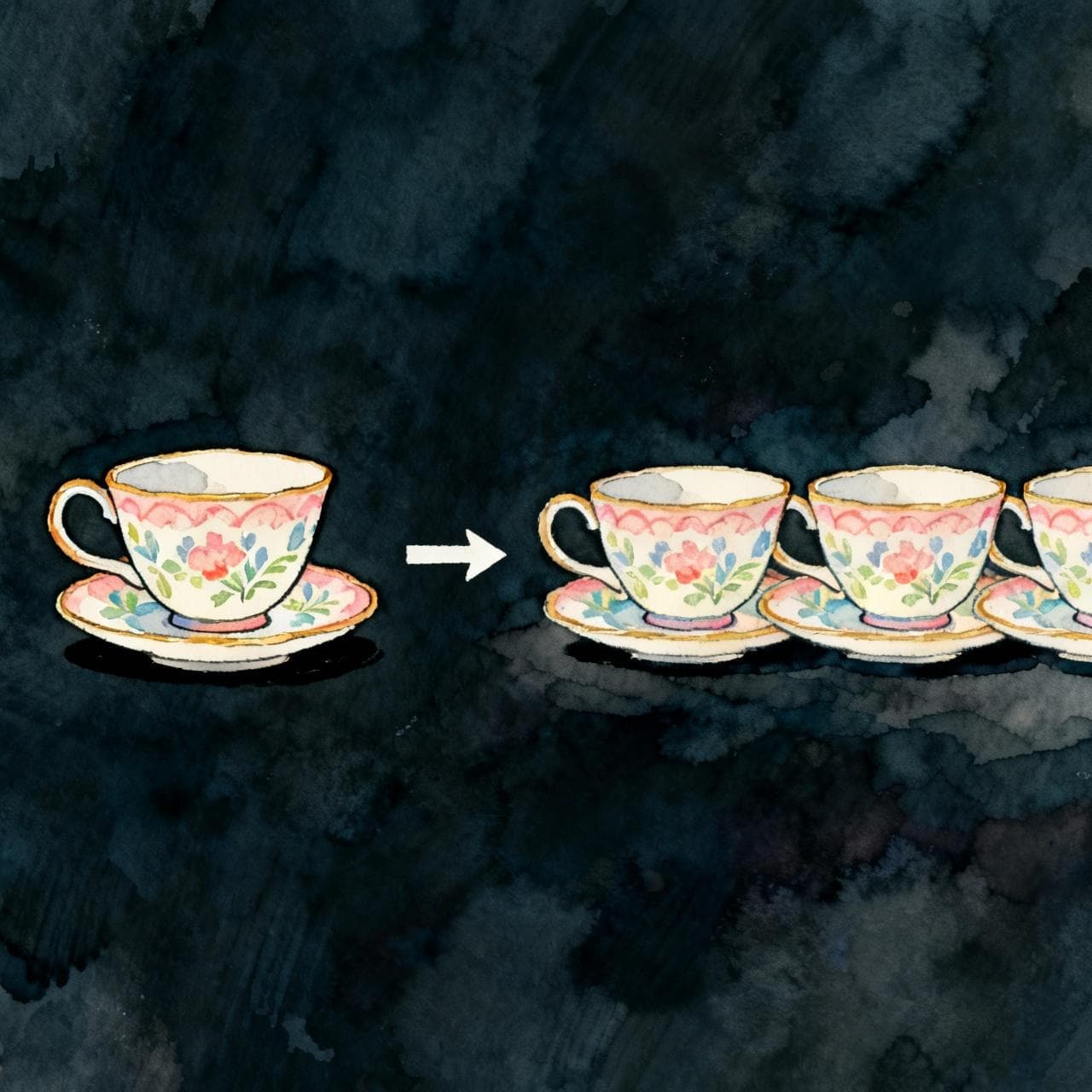 A single, charming teacup on the left side, with an arrow pointing to the right side where three identical teacups are arranged. Charming ink and watercolor painting, clean lines, vibrant but soft color palette, storybook style, dark background.