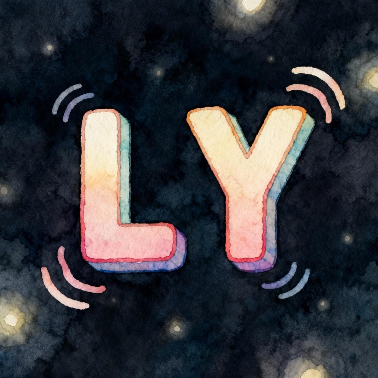 A large, stylized 'LL' and a 'Y' floating side-by-side. Soft, wavy sound lines emanate from them, suggesting different pronunciations. Charming ink and watercolor painting, clean lines, vibrant but soft color palette, storybook style. dark background.