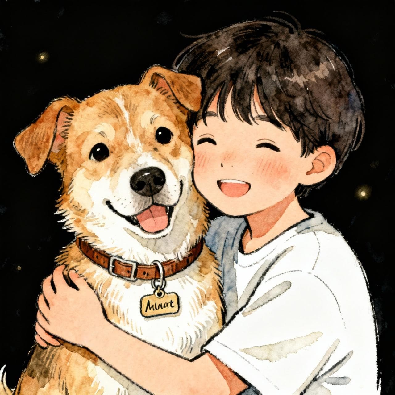 A young person showing affection to their pet dog, who is wearing a collar with a name tag. The scene is warm and friendly. Charming ink and watercolor painting, soft color palette, simple storybook style, on a dark background.