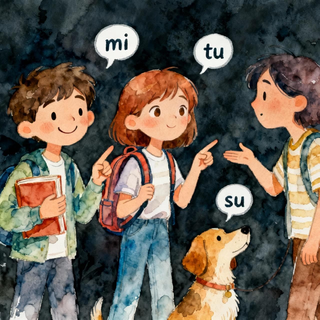A vibrant ink and watercolor illustration of three friendly characters. On the left, a person smiles and points to a book they are holding, with the Spanish word "mi" floating above it. In the center, a character points to a friend's backpack, with "tu" floating above it. On the right, a third character gestures towards another person's dog, with "su" floating above the dog. Dark background, storybook style.
