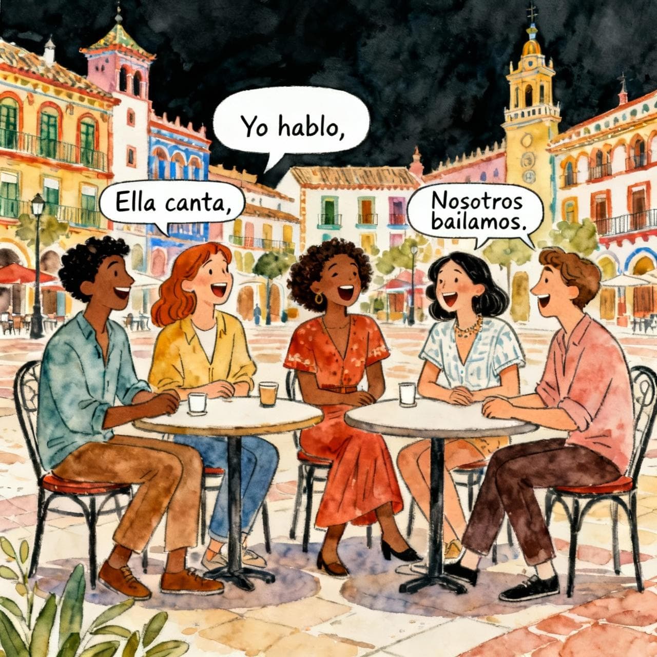 A diverse group of friends talking and laughing at an outdoor café in a colorful Spanish-style plaza. Simple speech bubbles above them contain phrases like "Yo hablo," "Ella canta," and "Nosotros bailamos." Charming ink and watercolor painting, clean lines, vibrant but soft color palette, storybook style, dark background.