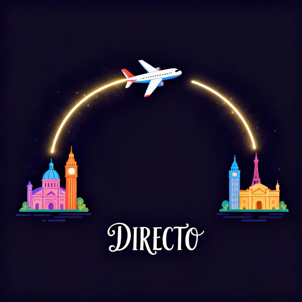 A beautiful digital illustration of a stylized airplane flying in a single, unbroken glowing arc from one city icon to another against a dark background. The word 'DIRECTO' is elegantly written below the arc. Storybook style with a soft, vibrant color palette.