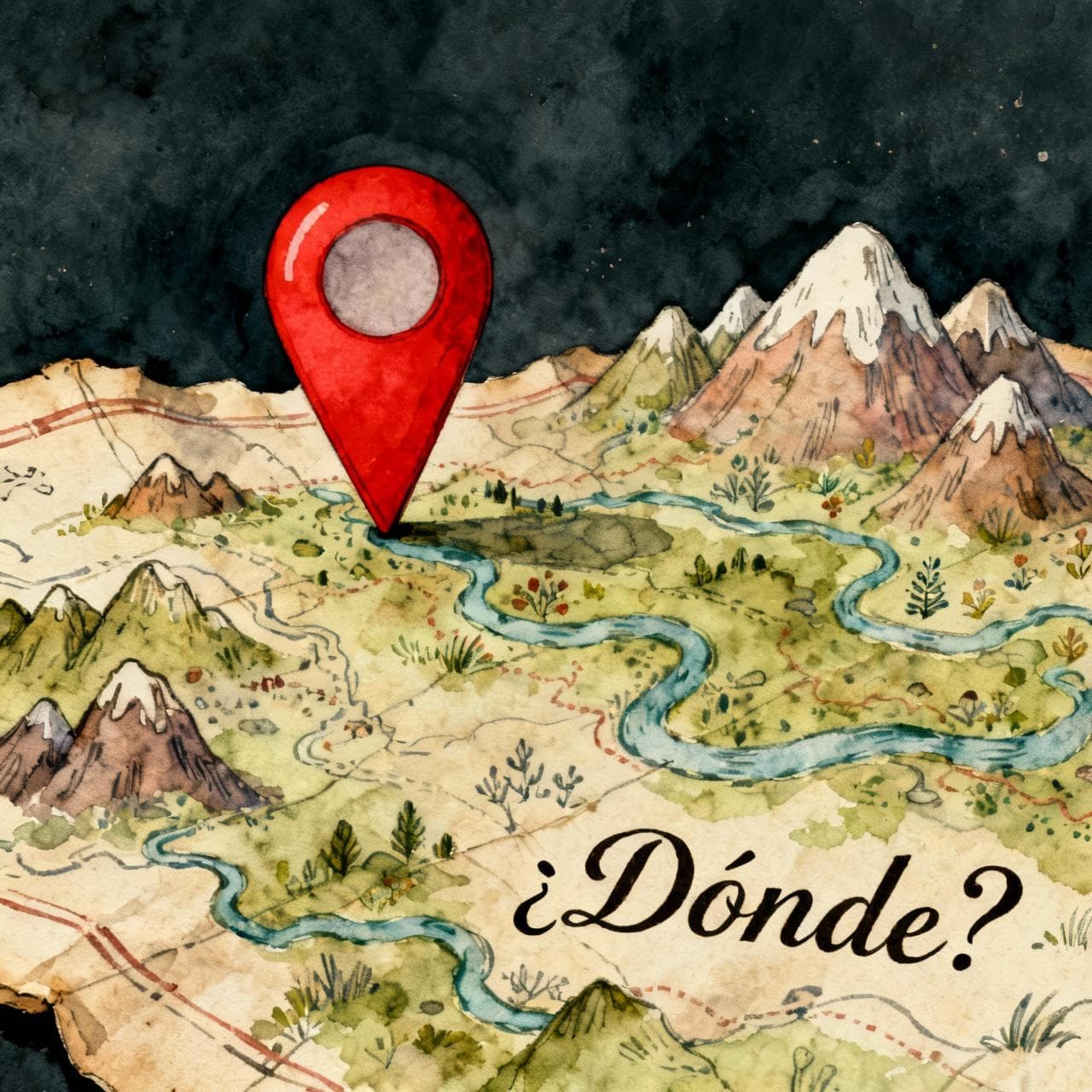 A charming ink and watercolor painting of a stylized, old-world map with a single, large, red location pin on it. The map features whimsical drawings of mountains and rivers. The word "¿Dónde?" is elegantly written on the map. Dark background, storybook style.