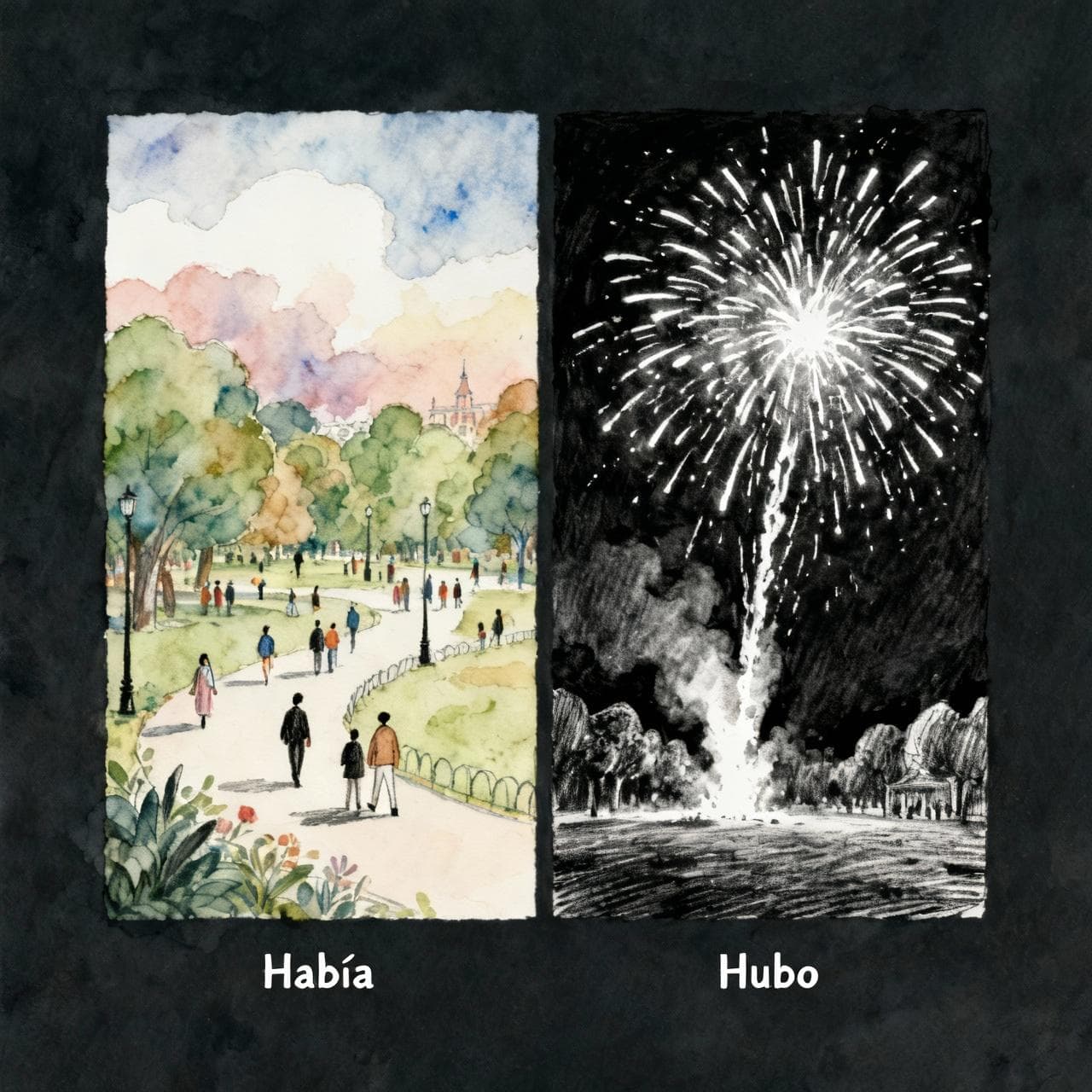 A split-screen illustration. On the left, labeled 'Había', a dreamy watercolor scene of a park with many people strolling. On the right, labeled 'Hubo', a sharp ink drawing of a single specific event, a sudden firework display in the sky. Charming ink and watercolor painting, storybook style, dark background.