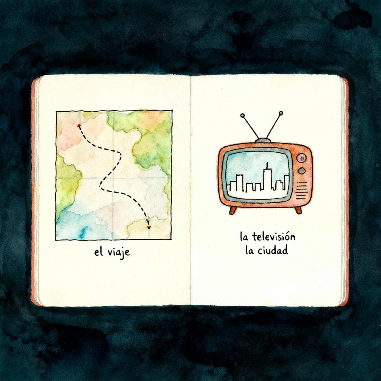 A split-panel illustration. On the left, a masculine object: a simple map with a route drawn on it, labeled 'el viaje'. On the right, two feminine objects: a vintage television labeled 'la televisión' and a simple drawing of a city skyline labeled 'la ciudad'. Charming ink and watercolor painting, storybook style, vibrant but soft colors on a dark background.