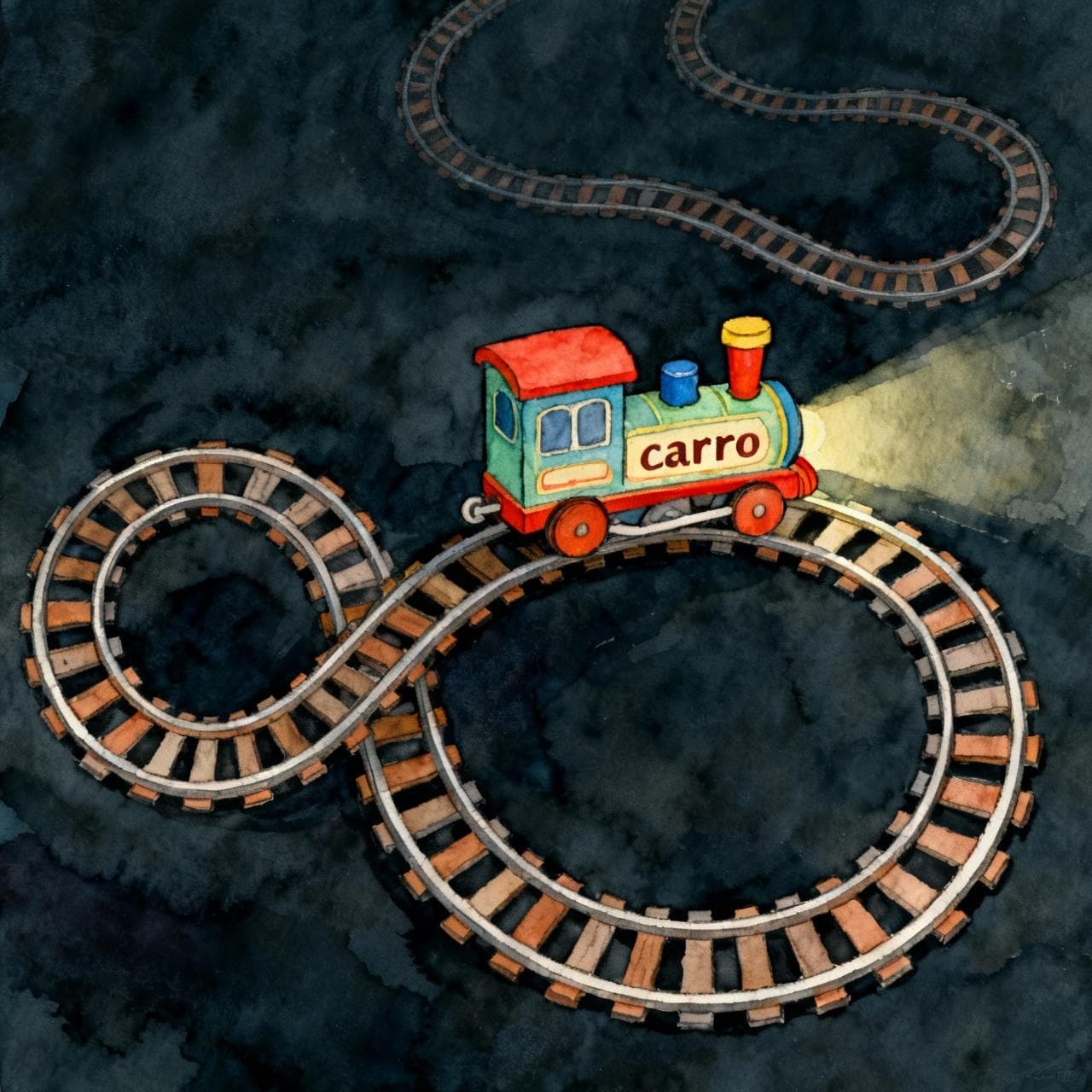 A whimsical toy train with the word "carro" on its side, running on a railroad track that twists and loops like a tangled tongue. Charming ink and watercolor painting, clean lines, vibrant but soft color palette, storybook style, dark background.
